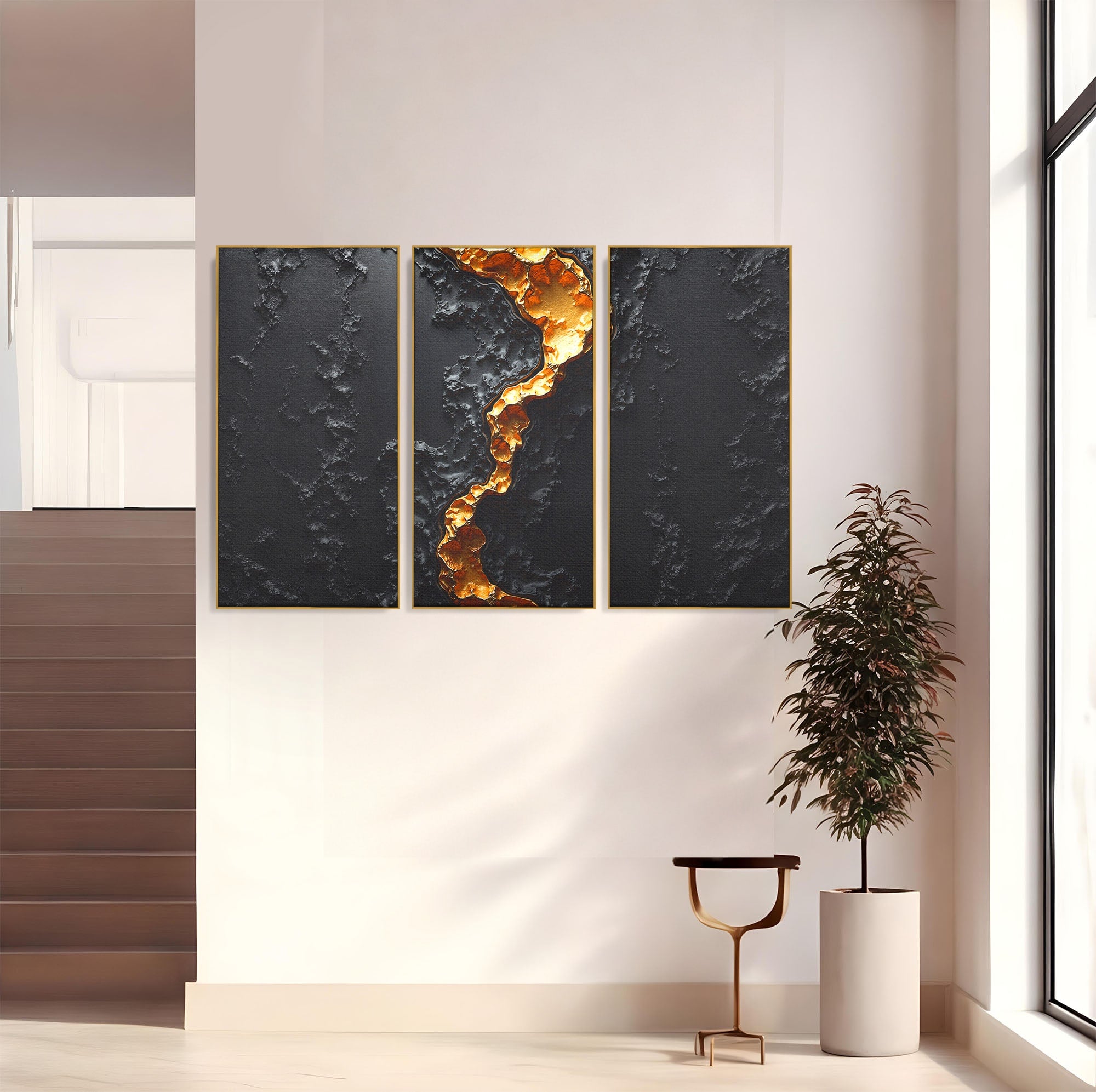Set 3 Tablouri Canvas Premium LuxCanva® C3-1331, Rau De Aur, Abstract, Textura, Modern, Birou, Eleganta, Culori Vibrante