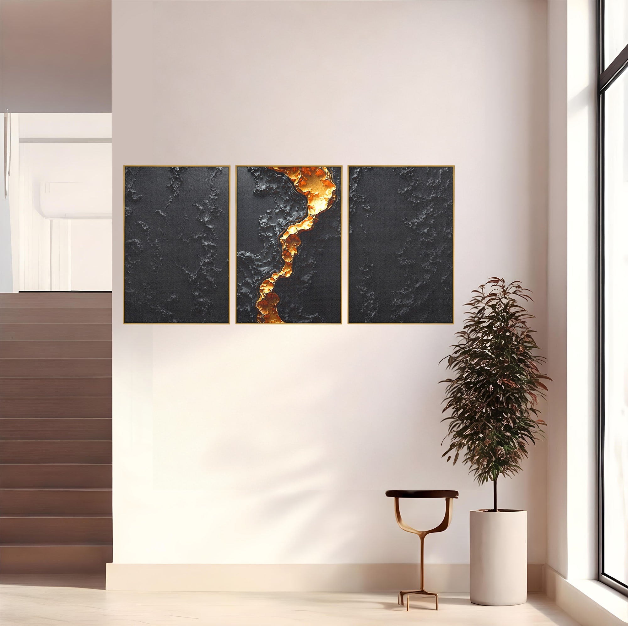 Set 3 Tablouri Canvas Premium LuxCanva® C3-1331, Rau De Aur, Abstract, Textura, Modern, Birou, Eleganta, Culori Vibrante