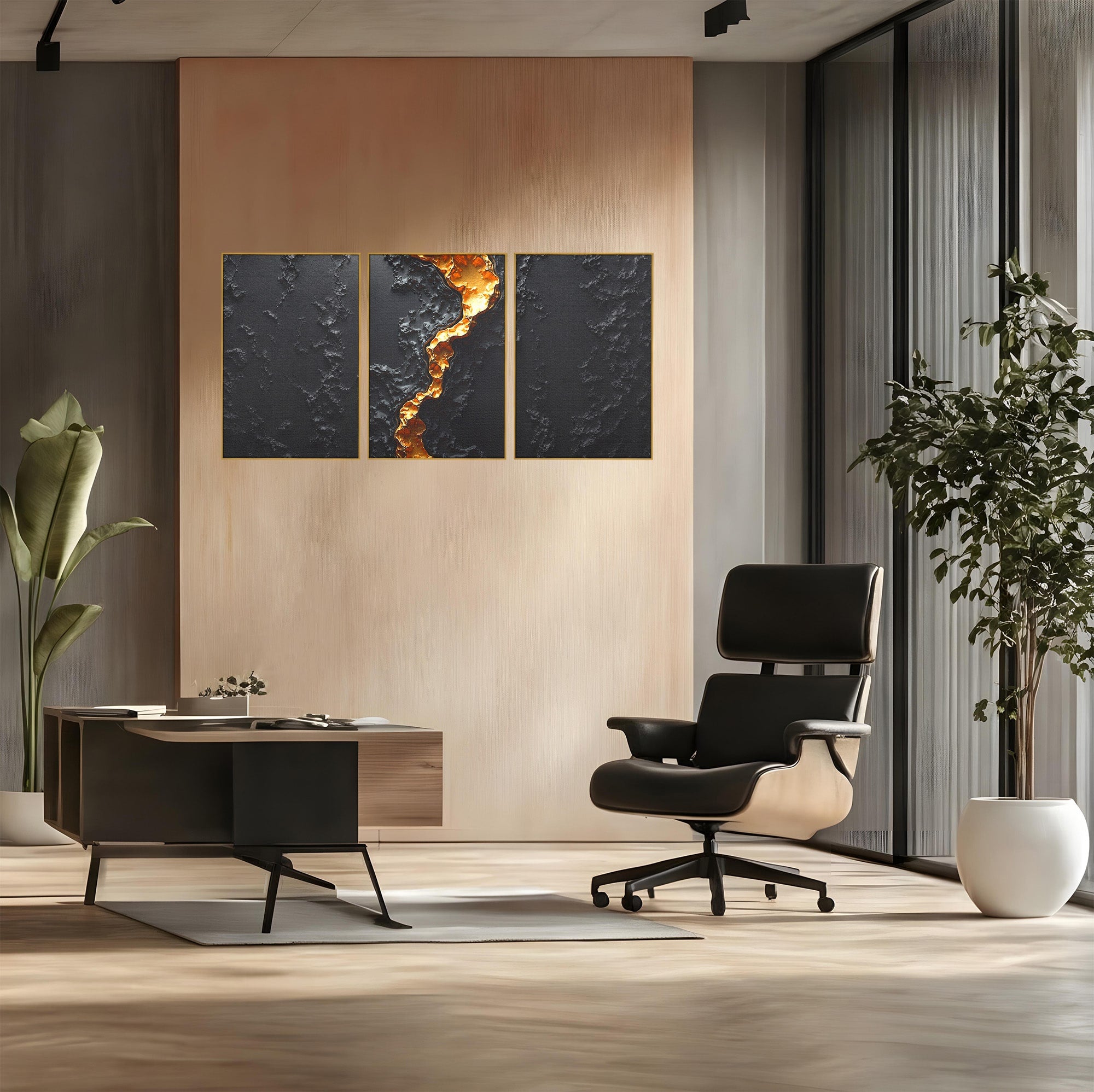 Set 3 Tablouri Canvas Premium LuxCanva® C3-1331, Rau De Aur, Abstract, Textura, Modern, Birou, Eleganta, Culori Vibrante
