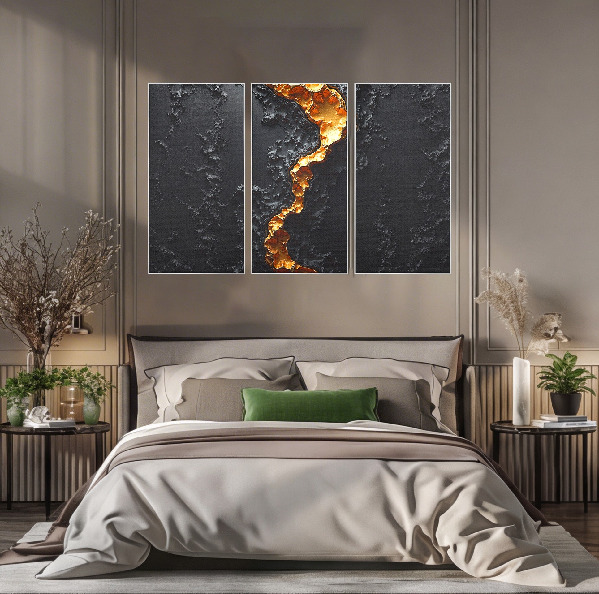 Set 3 Tablouri Canvas Premium LuxCanva® C3-1331, Rau De Aur, Abstract, Textura, Modern, Birou, Eleganta, Culori Vibrante