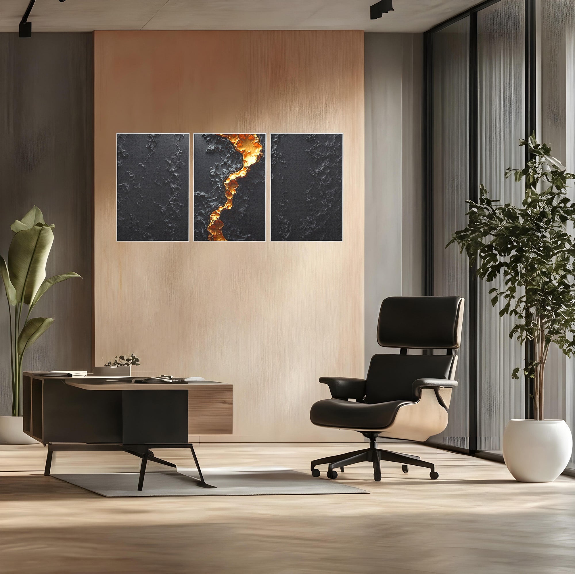 Set 3 Tablouri Canvas Premium LuxCanva® C3-1331, Rau De Aur, Abstract, Textura, Modern, Birou, Eleganta, Culori Vibrante