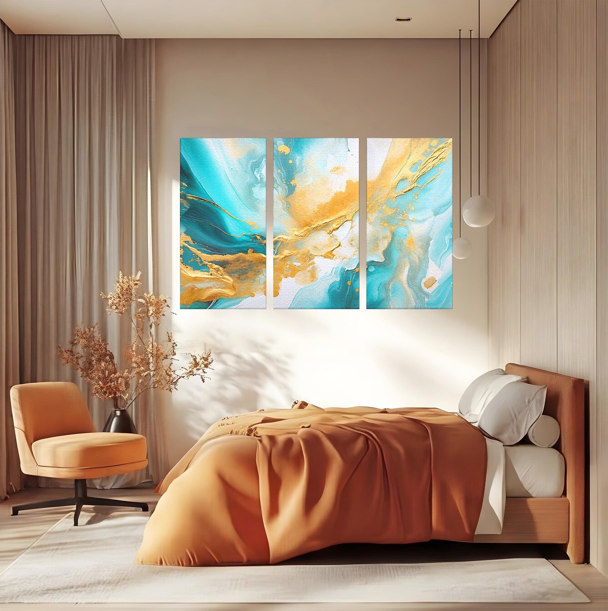 Set 3 Tablouri Canvas Premium LuxCanva® C3-1343, Flux De Aur, Abstract, Arta, Modern, Eleganta, Living, Birou, Culori Vibrante