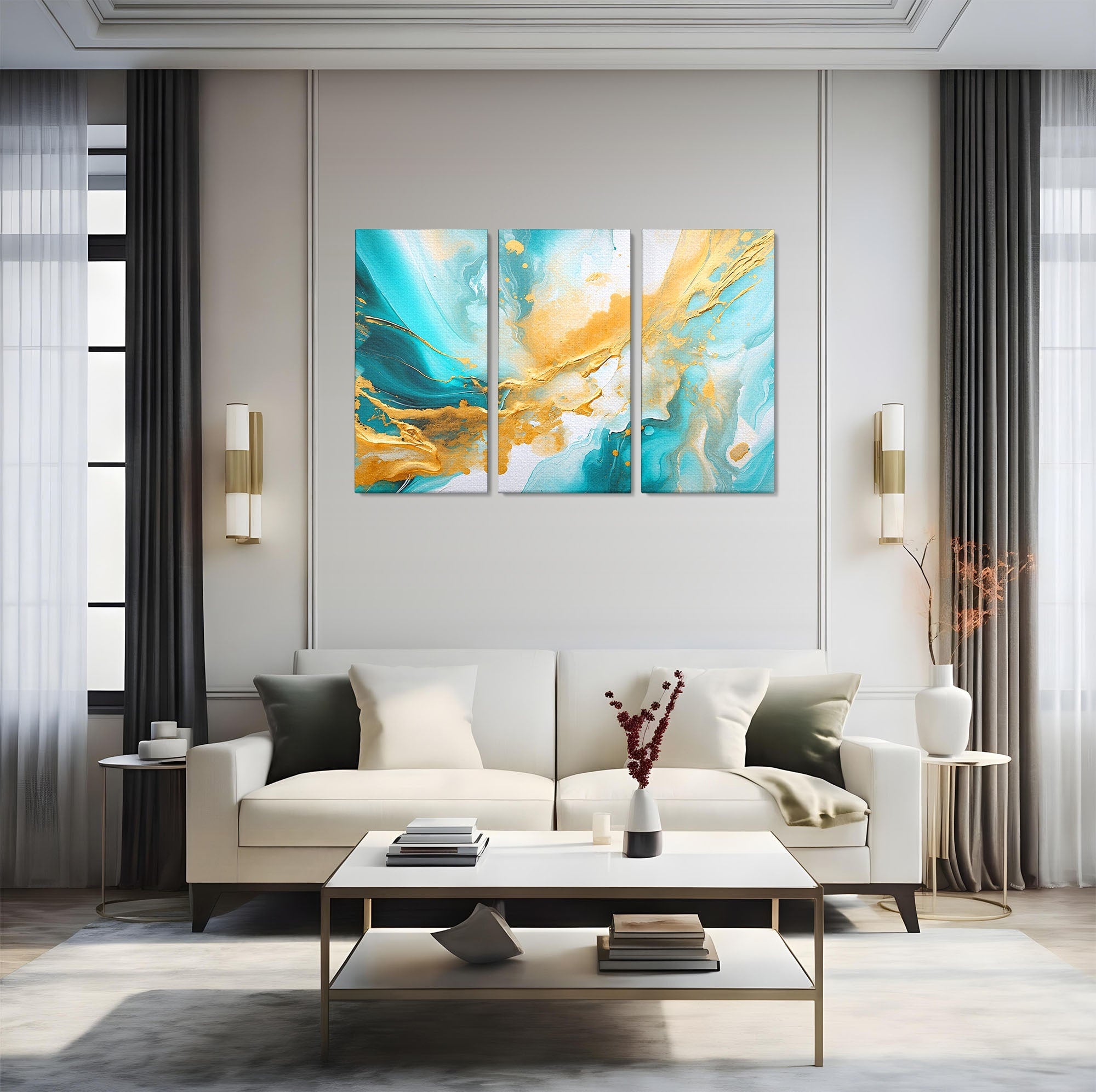 Set 3 Tablouri Canvas Premium LuxCanva® C3-1343, Flux De Aur, Abstract, Arta, Modern, Eleganta, Living, Birou, Culori Vibrante