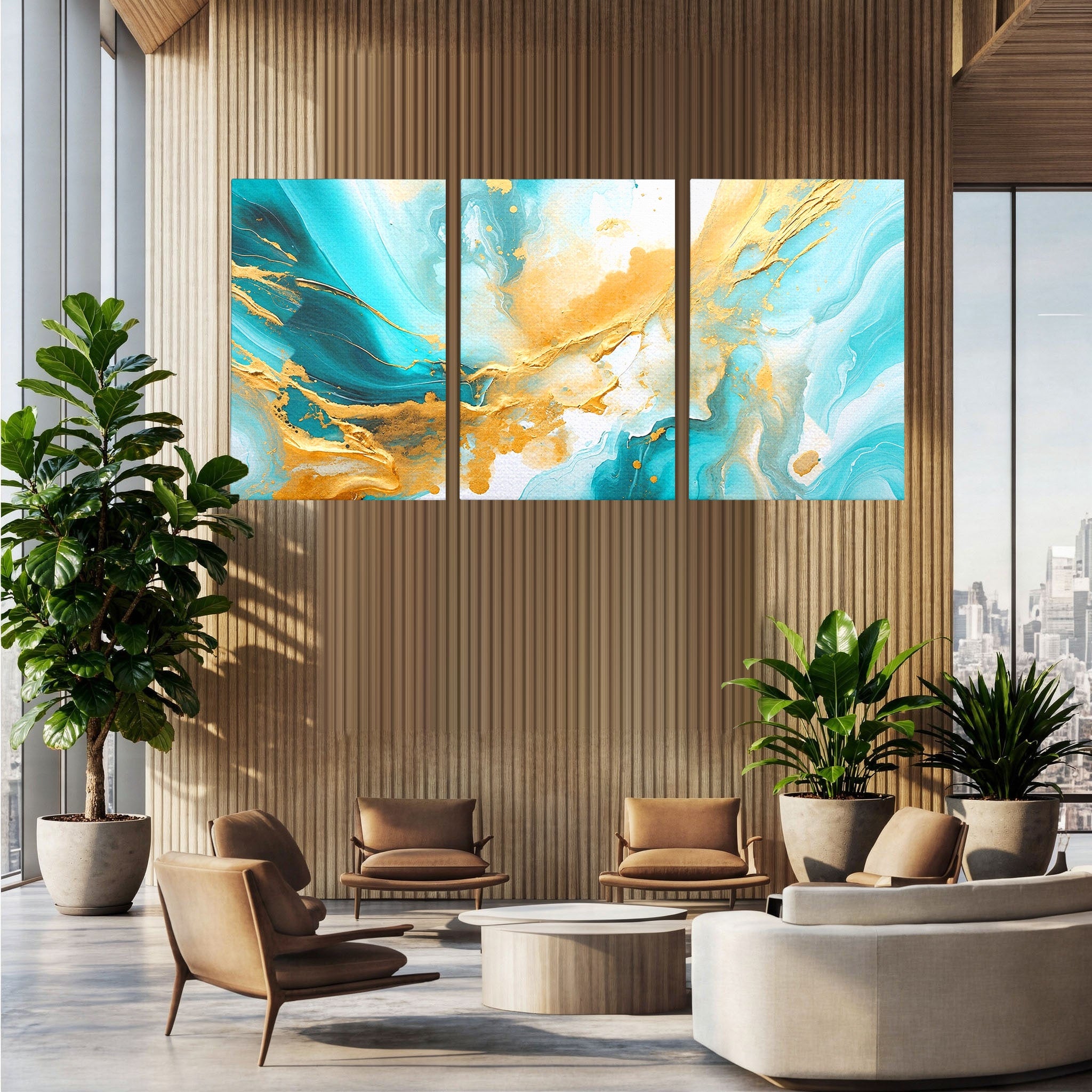 Set 3 Tablouri Canvas Premium LuxCanva® C3-1343, Flux De Aur, Abstract, Arta, Modern, Eleganta, Living, Birou, Culori Vibrante