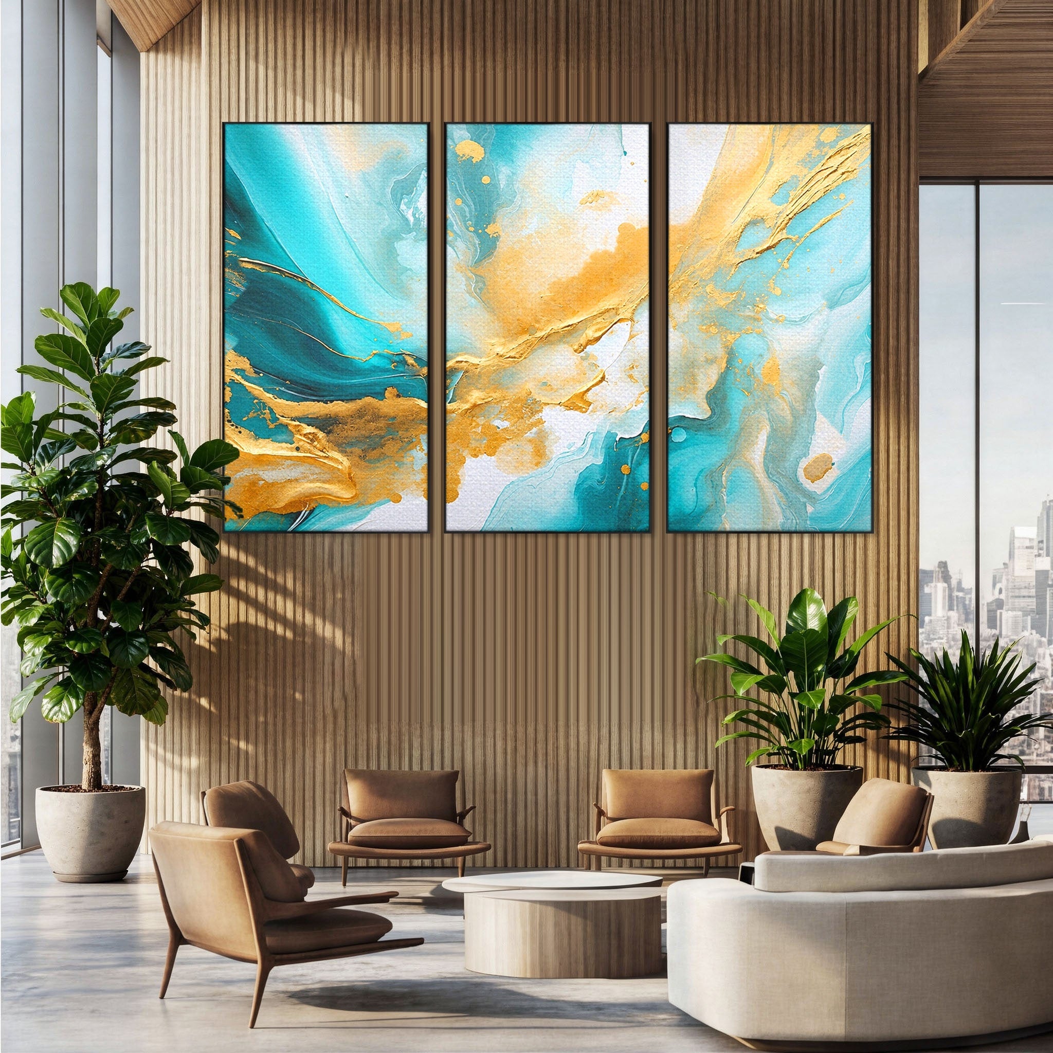 Set 3 Tablouri Canvas Premium LuxCanva® C3-1343, Flux De Aur, Abstract, Arta, Modern, Eleganta, Living, Birou, Culori Vibrante