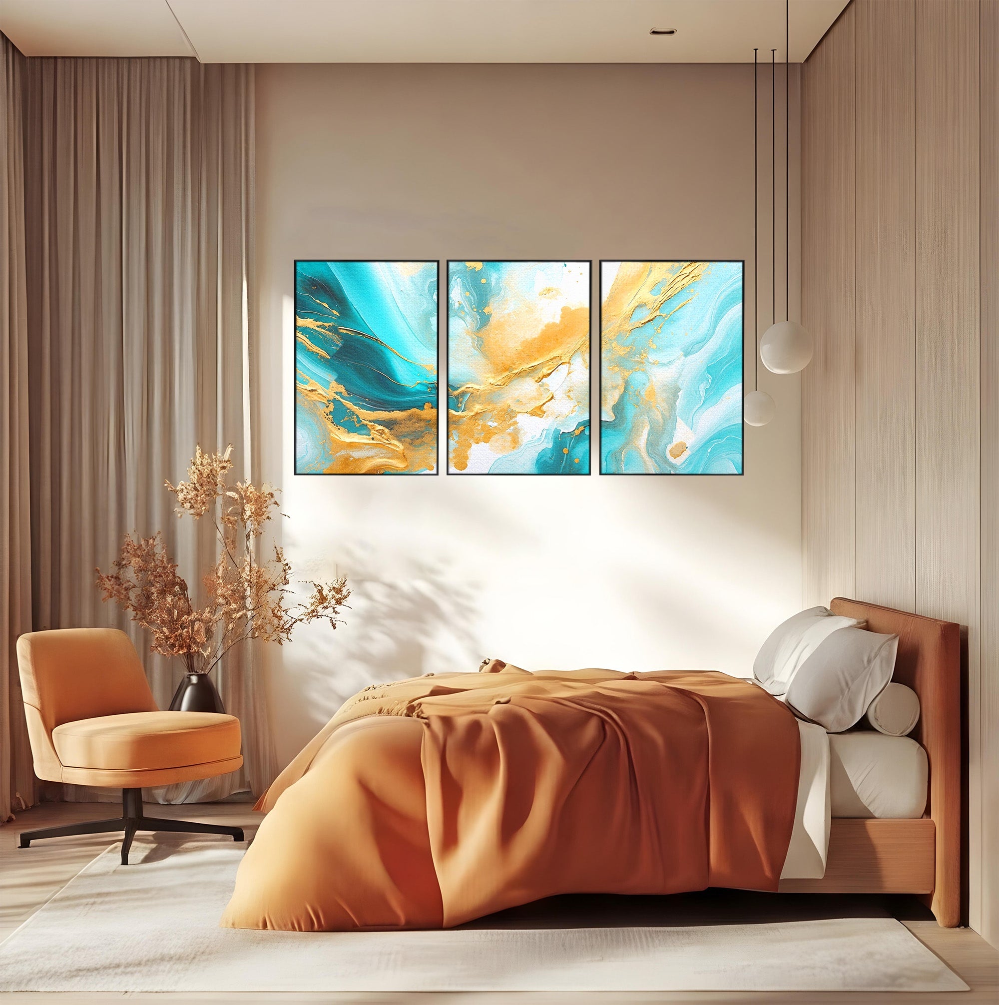 Set 3 Tablouri Canvas Premium LuxCanva® C3-1343, Flux De Aur, Abstract, Arta, Modern, Eleganta, Living, Birou, Culori Vibrante