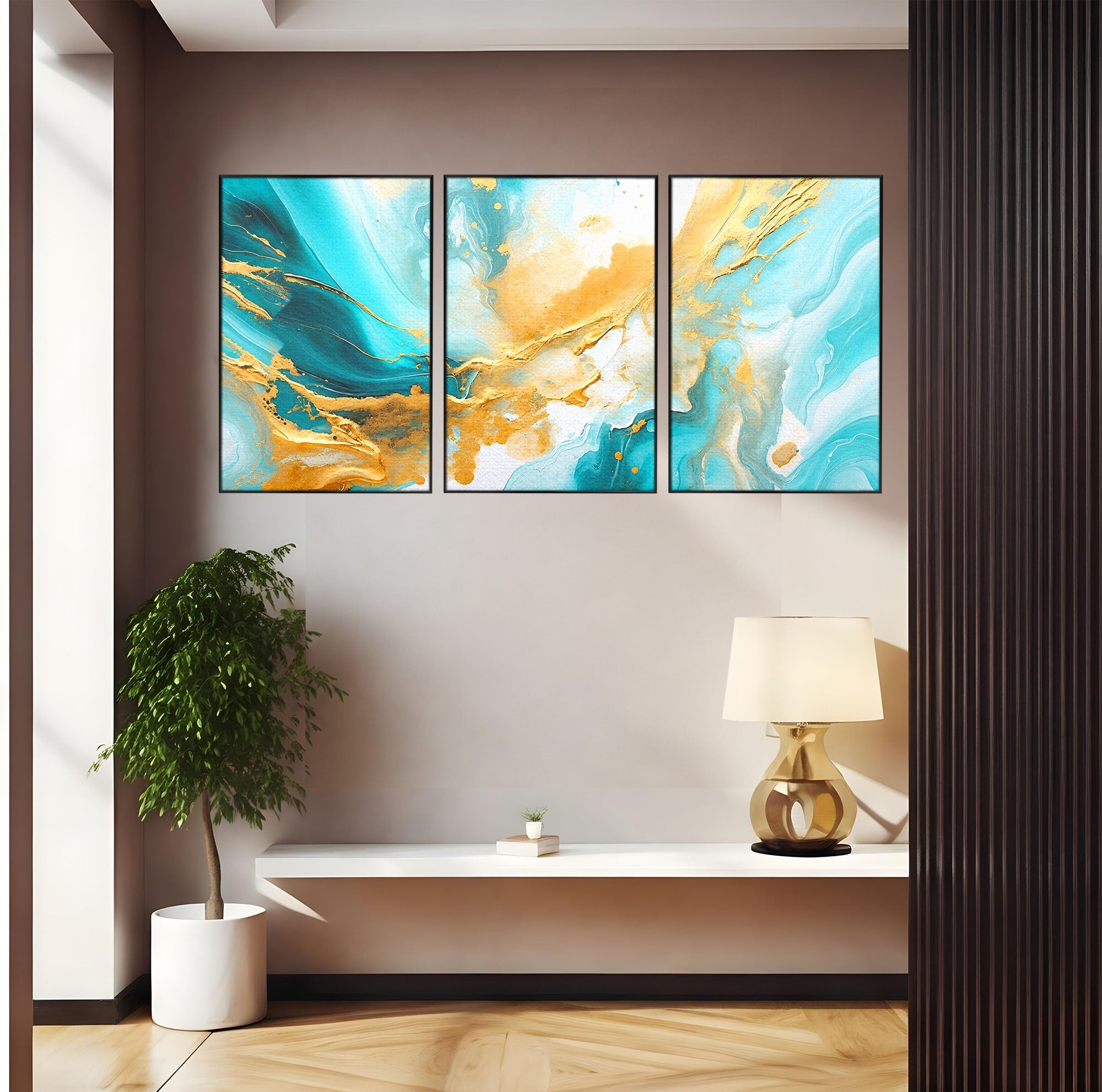 Set 3 Tablouri Canvas Premium LuxCanva® C3-1343, Flux De Aur, Abstract, Arta, Modern, Eleganta, Living, Birou, Culori Vibrante
