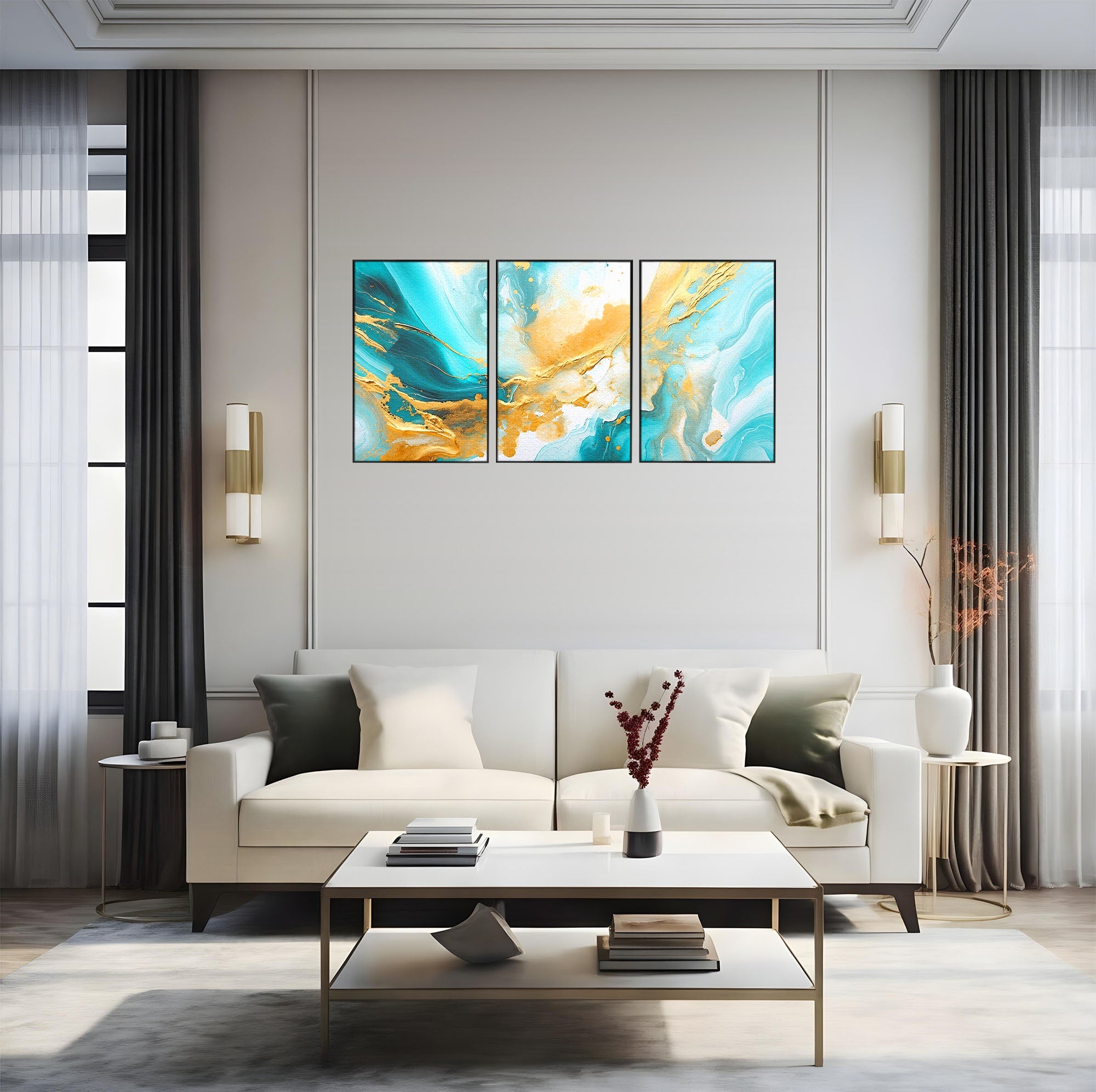 Set 3 Tablouri Canvas Premium LuxCanva® C3-1343, Flux De Aur, Abstract, Arta, Modern, Eleganta, Living, Birou, Culori Vibrante