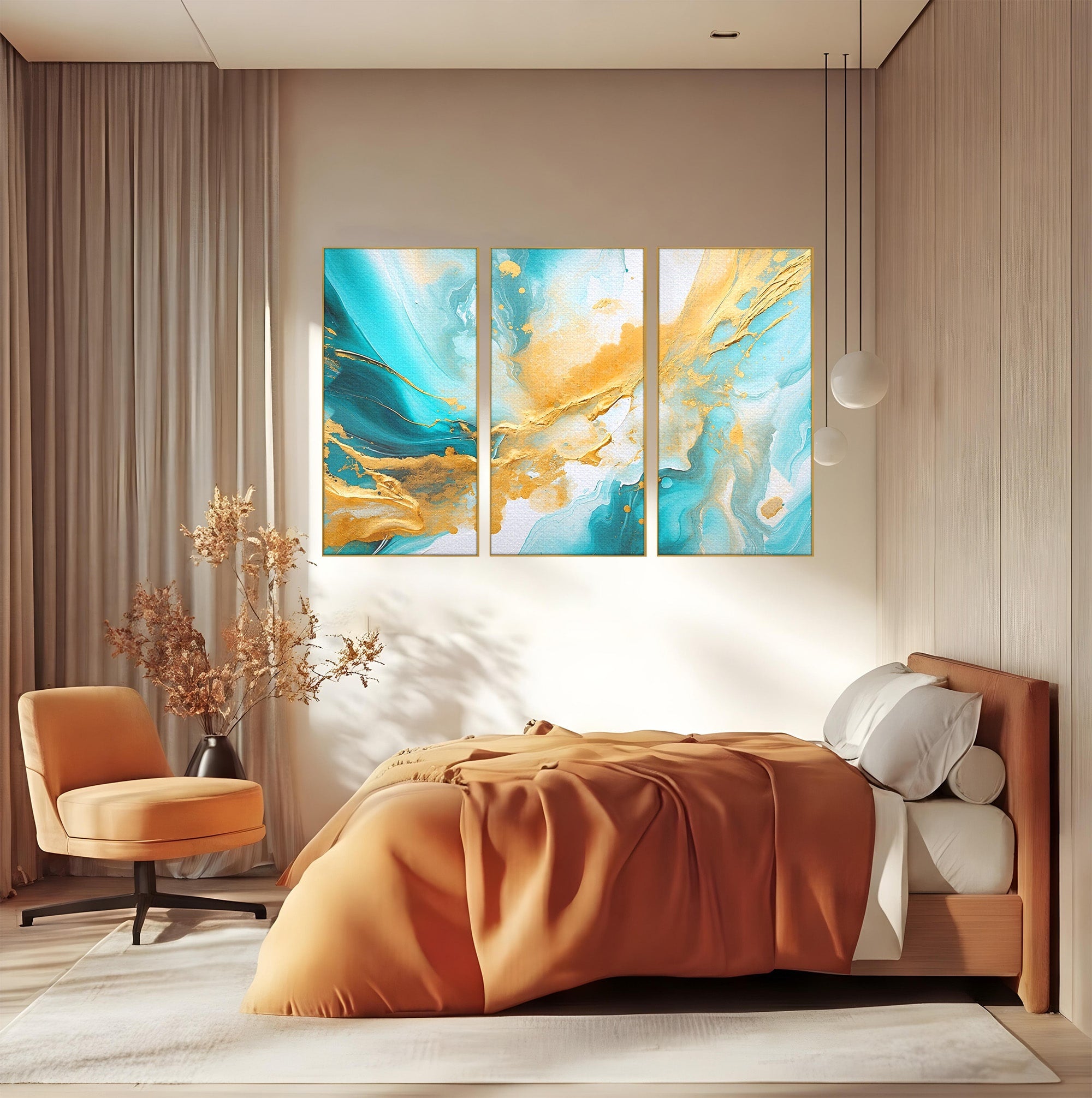 Set 3 Tablouri Canvas Premium LuxCanva® C3-1343, Flux De Aur, Abstract, Arta, Modern, Eleganta, Living, Birou, Culori Vibrante
