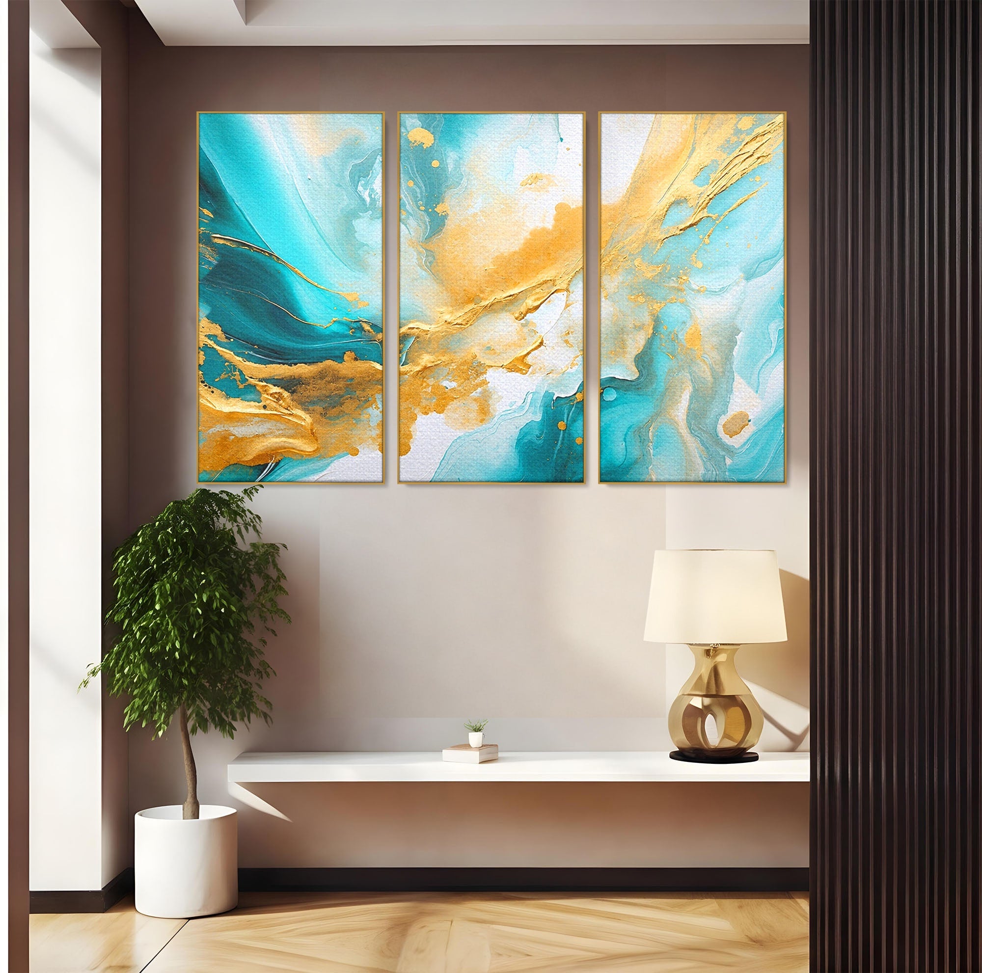 Set 3 Tablouri Canvas Premium LuxCanva® C3-1343, Flux De Aur, Abstract, Arta, Modern, Eleganta, Living, Birou, Culori Vibrante