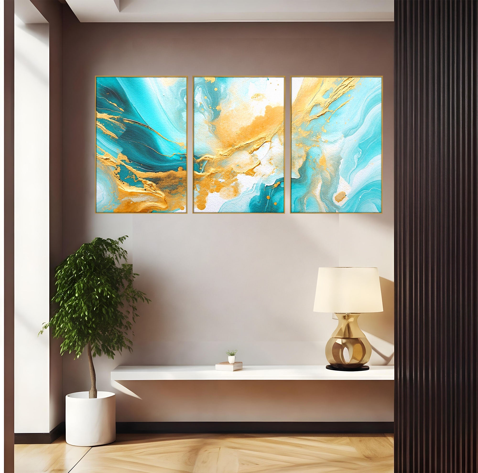 Set 3 Tablouri Canvas Premium LuxCanva® C3-1343, Flux De Aur, Abstract, Arta, Modern, Eleganta, Living, Birou, Culori Vibrante