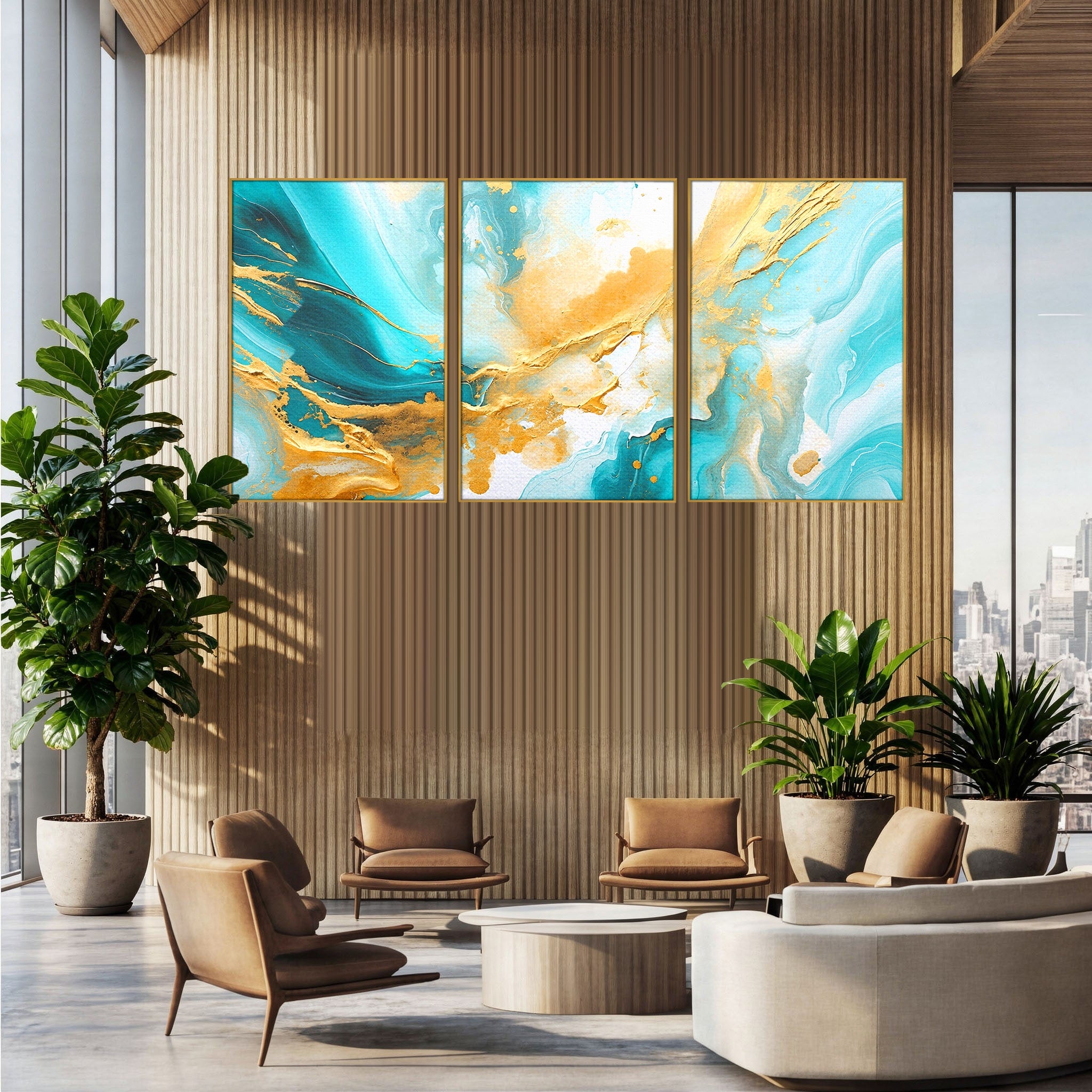 Set 3 Tablouri Canvas Premium LuxCanva® C3-1343, Flux De Aur, Abstract, Arta, Modern, Eleganta, Living, Birou, Culori Vibrante