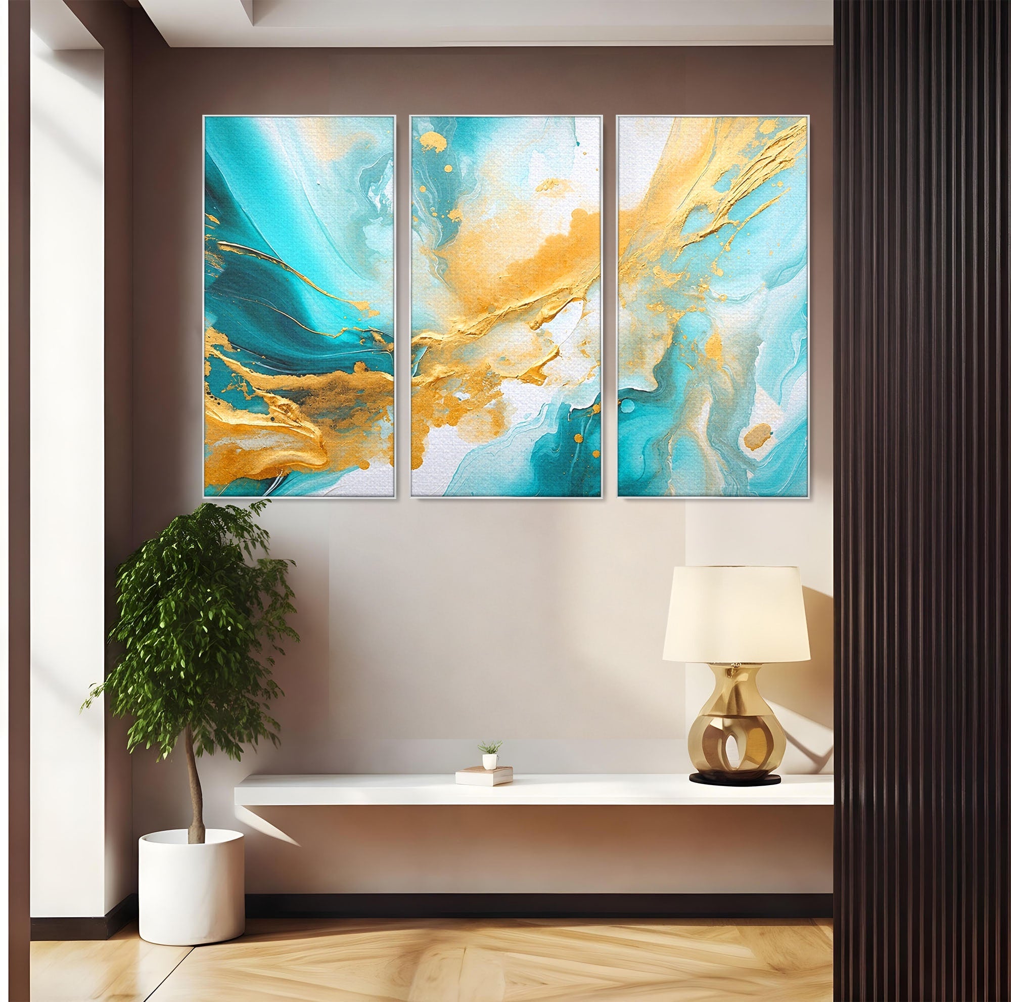 Set 3 Tablouri Canvas Premium LuxCanva® C3-1343, Flux De Aur, Abstract, Arta, Modern, Eleganta, Living, Birou, Culori Vibrante