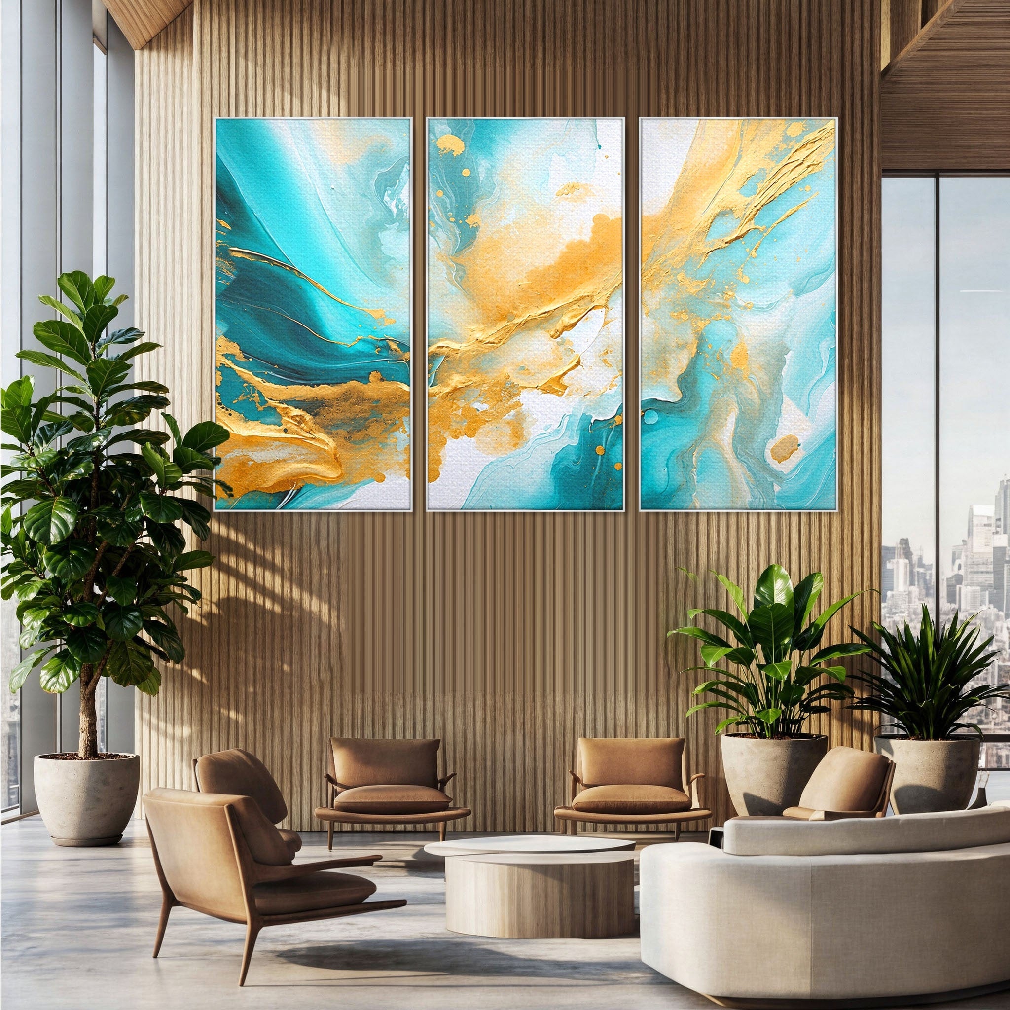 Set 3 Tablouri Canvas Premium LuxCanva® C3-1343, Flux De Aur, Abstract, Arta, Modern, Eleganta, Living, Birou, Culori Vibrante