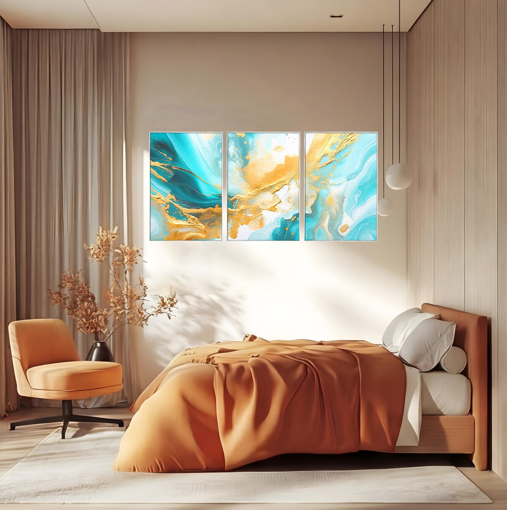 Set 3 Tablouri Canvas Premium LuxCanva® C3-1343, Flux De Aur, Abstract, Arta, Modern, Eleganta, Living, Birou, Culori Vibrante
