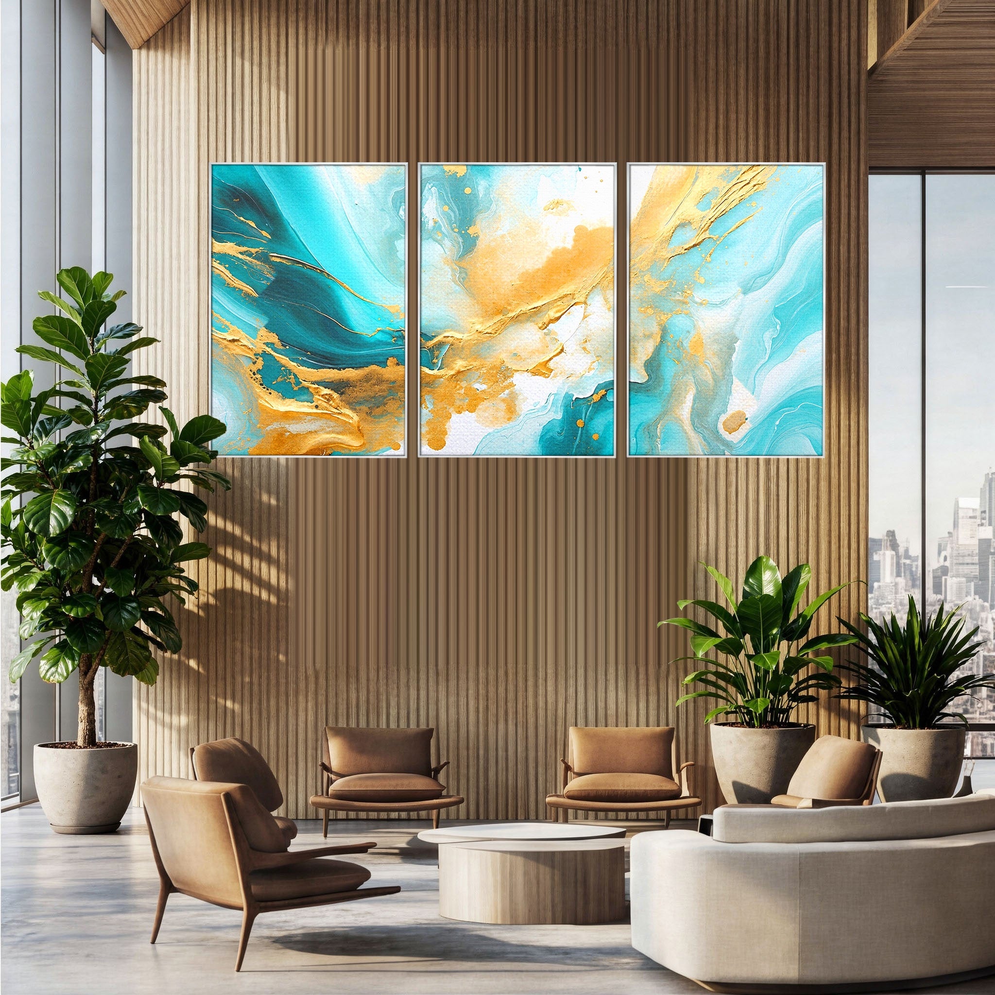 Set 3 Tablouri Canvas Premium LuxCanva® C3-1343, Flux De Aur, Abstract, Arta, Modern, Eleganta, Living, Birou, Culori Vibrante