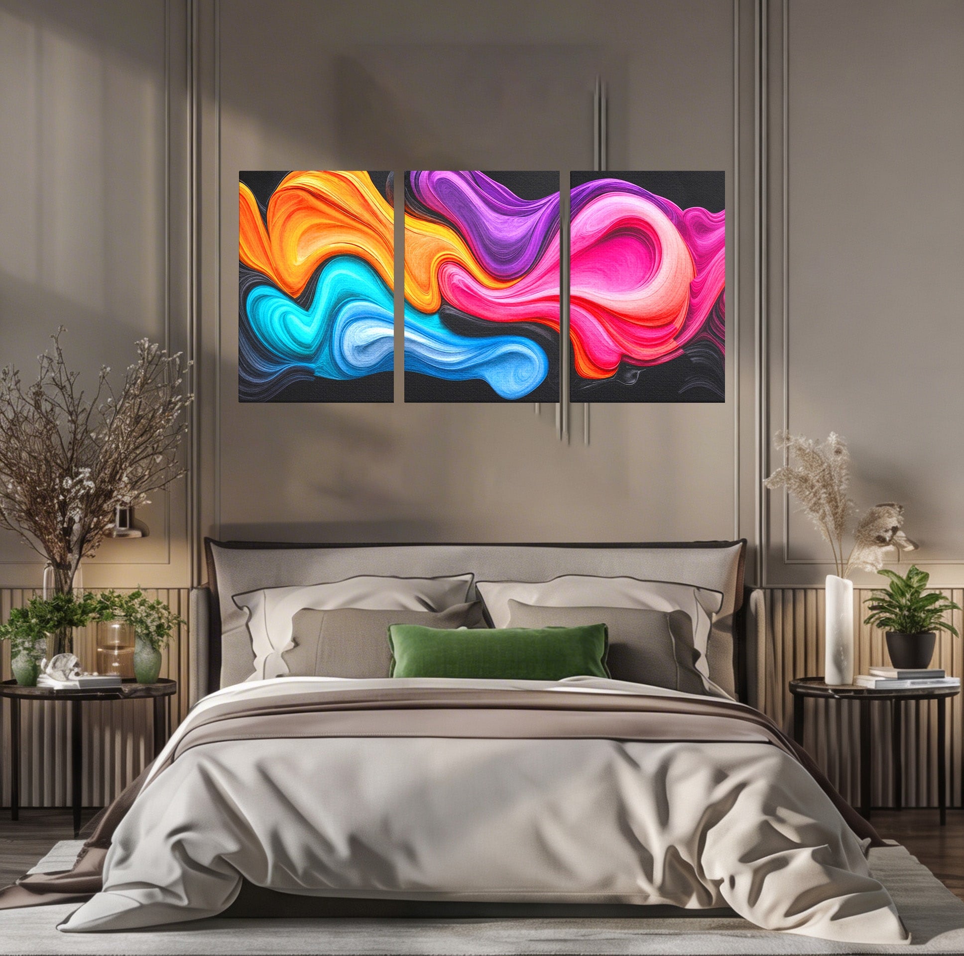 Set 3 Tablouri Canvas Premium LuxCanva® C3-1348, Vortexul Culorilor, Abstract, Culori, Vibrante, Arta, Living, Culori Vibrante