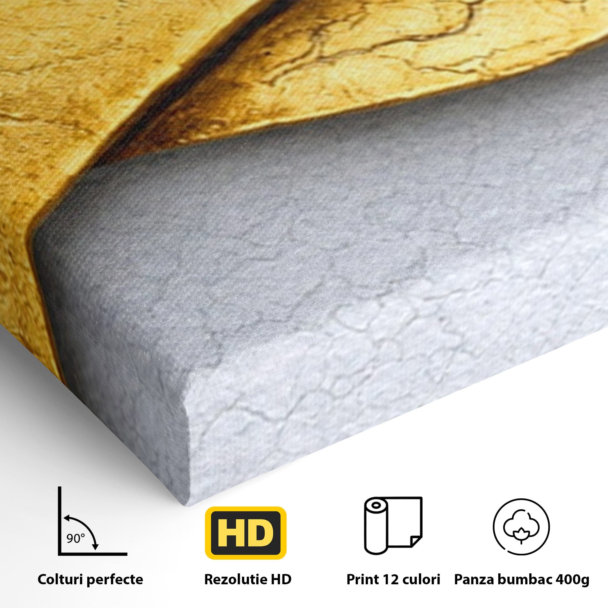 Set 3 Tablouri Canvas Premium LuxCanva® C3-1349, Curbe Aurii Abstracte, Abstract, Modern, Auriu, Textura, Birou, Culori Vibrante