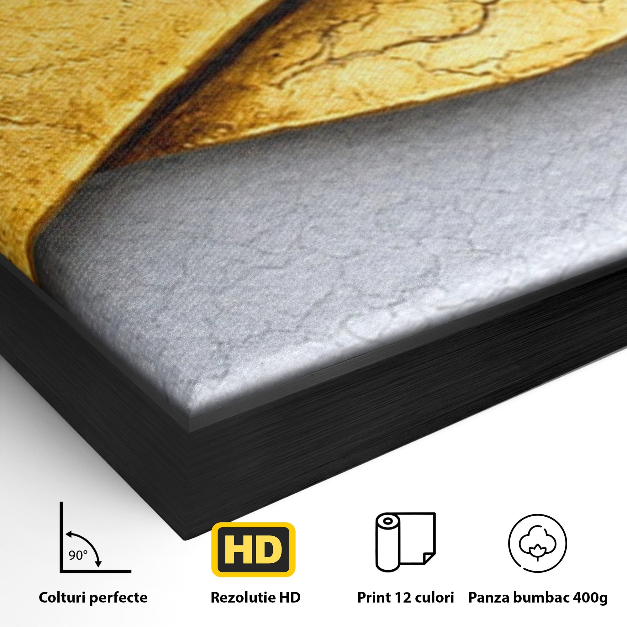Set 3 Tablouri Canvas Premium LuxCanva® C3-1349, Curbe Aurii Abstracte, Abstract, Modern, Auriu, Textura, Birou, Culori Vibrante