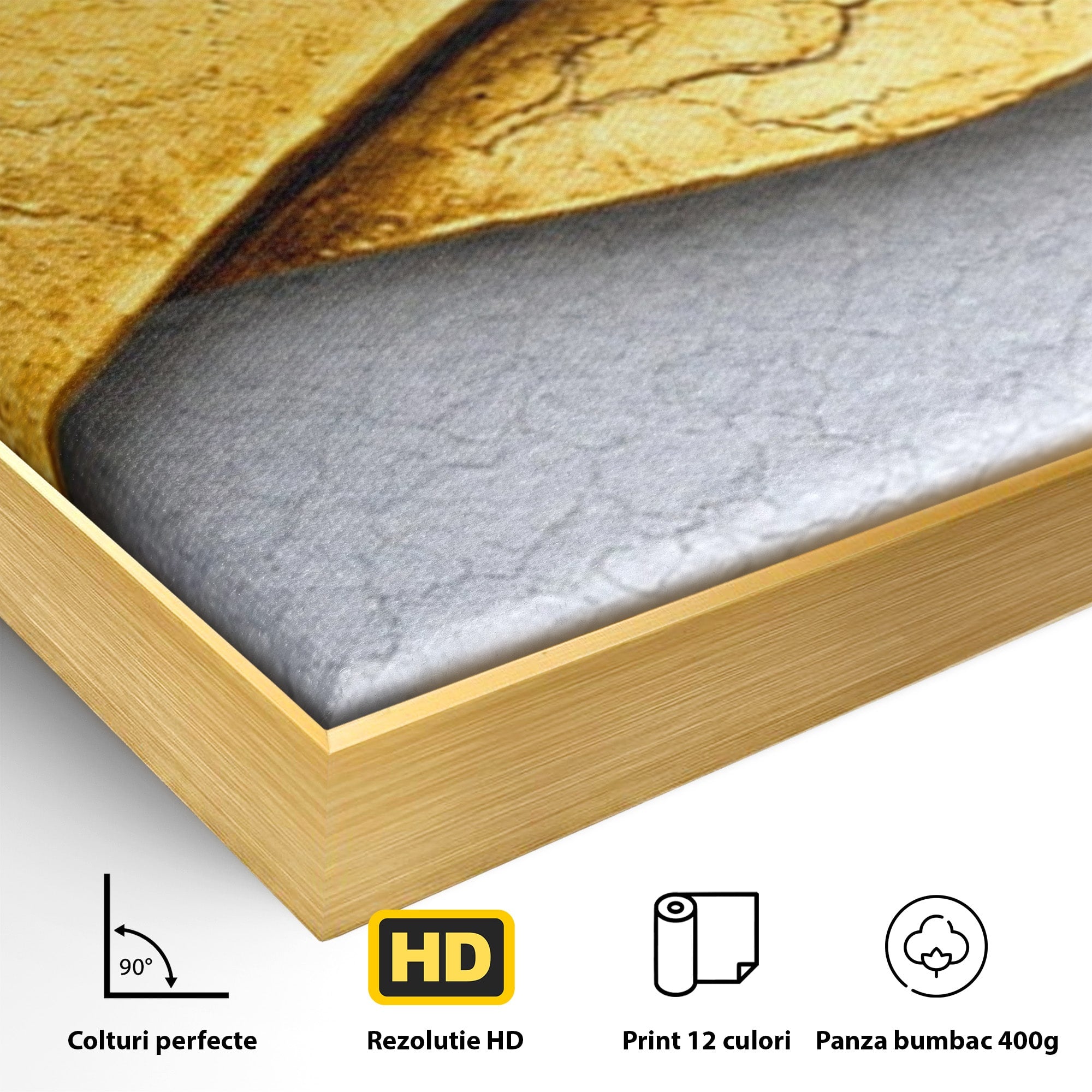 Set 3 Tablouri Canvas Premium LuxCanva® C3-1349, Curbe Aurii Abstracte, Abstract, Modern, Auriu, Textura, Birou, Culori Vibrante