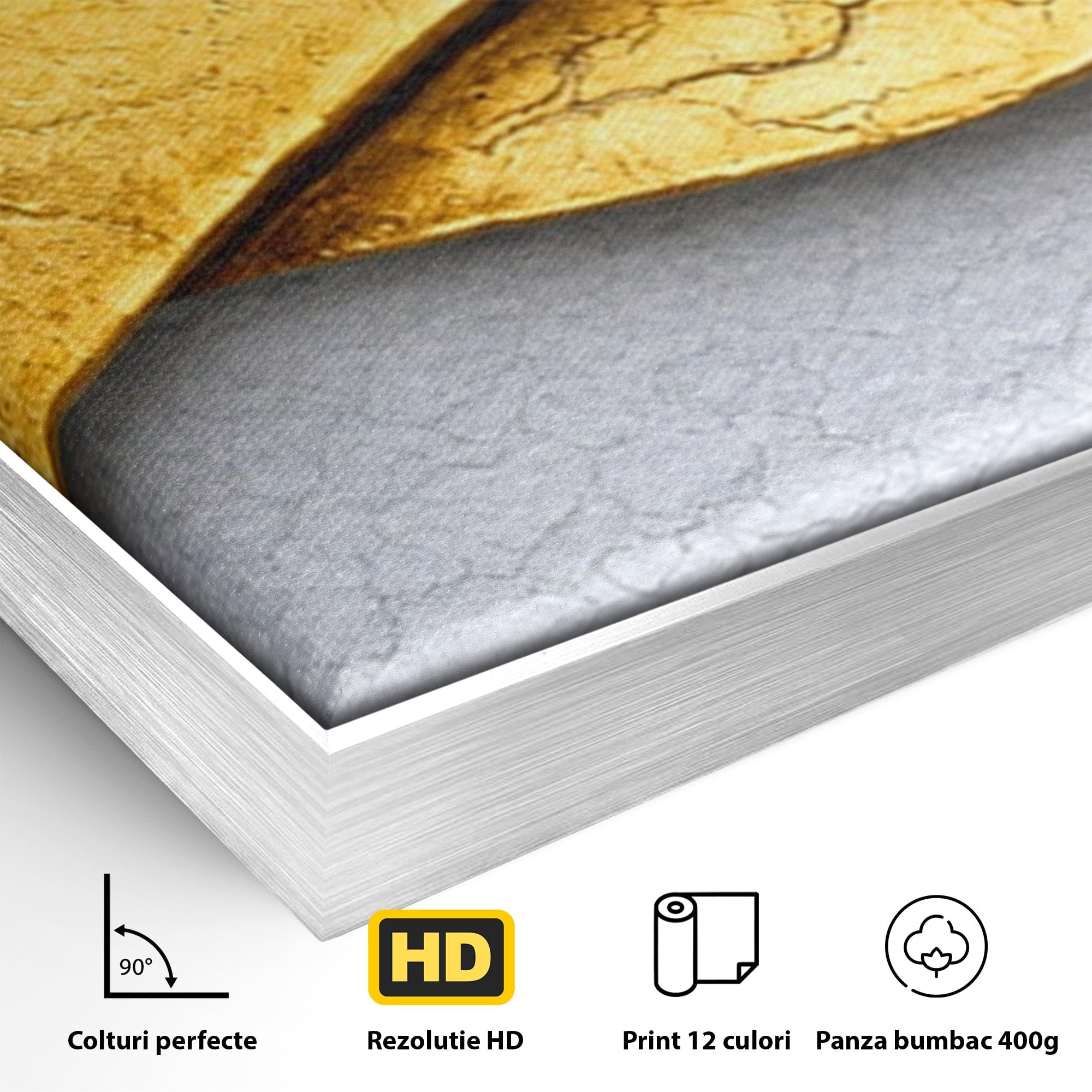 Set 3 Tablouri Canvas Premium LuxCanva® C3-1349, Curbe Aurii Abstracte, Abstract, Modern, Auriu, Textura, Birou, Culori Vibrante