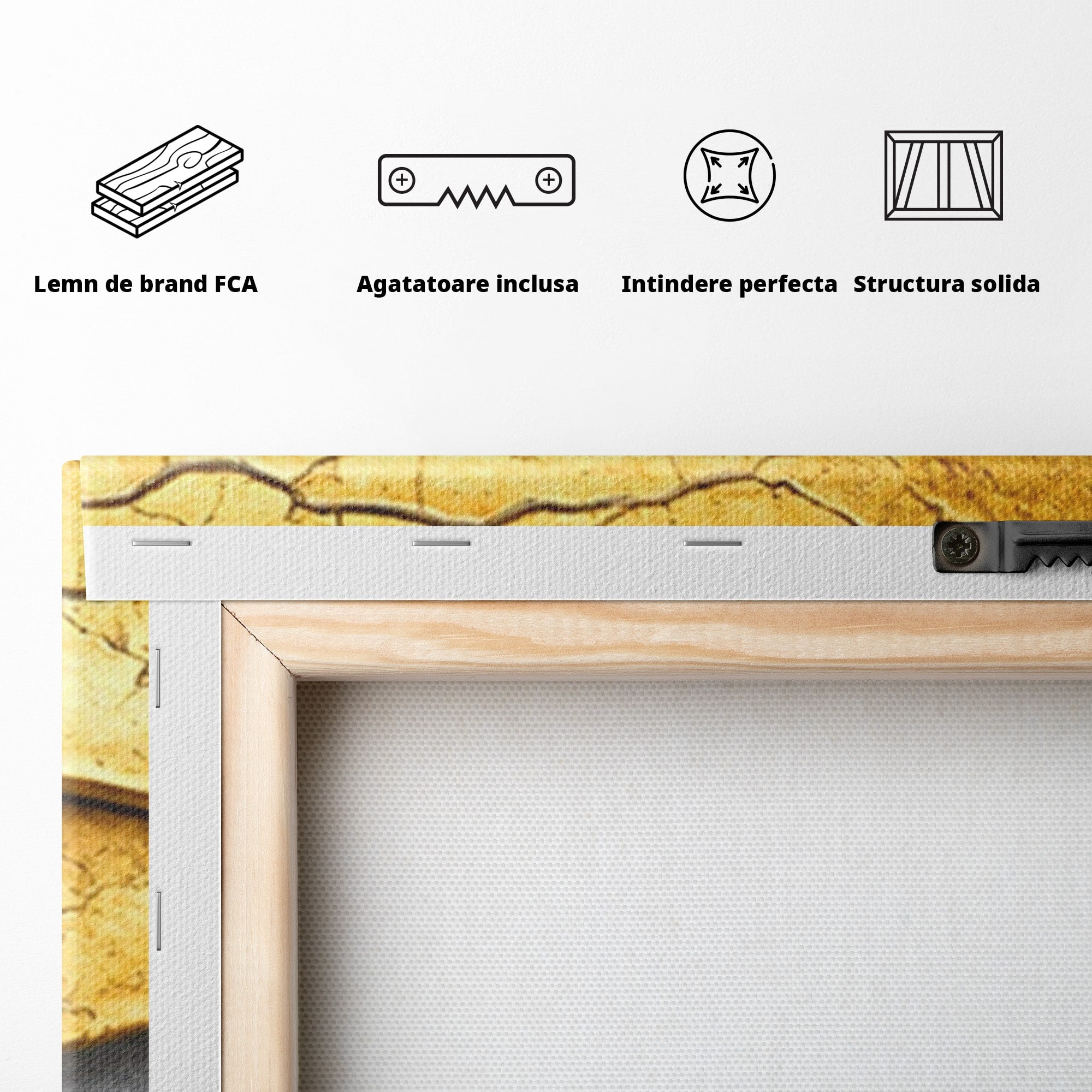 Set 3 Tablouri Canvas Premium LuxCanva® C3-1349, Curbe Aurii Abstracte, Abstract, Modern, Auriu, Textura, Birou, Culori Vibrante