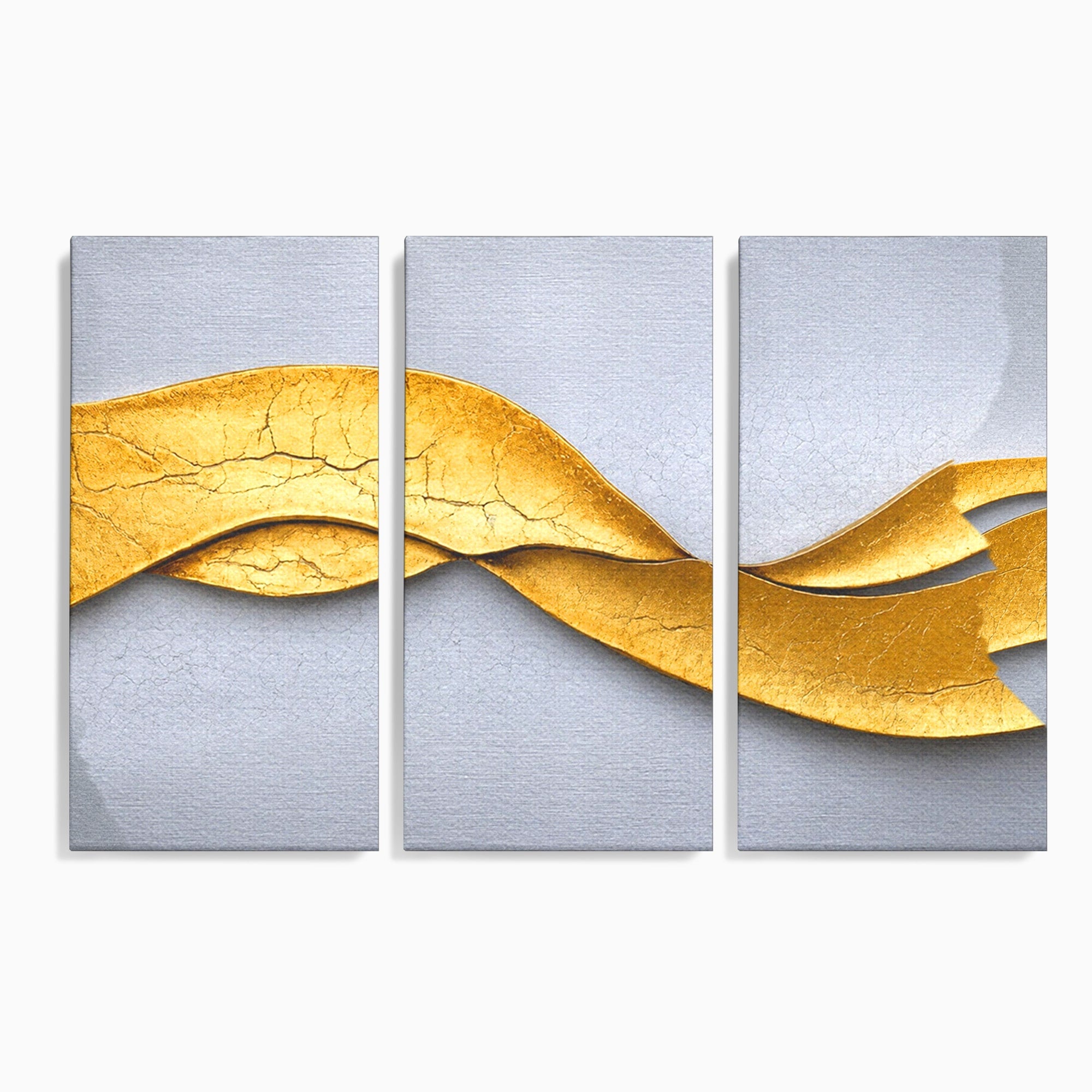 Set 3 Tablouri Canvas Premium LuxCanva® C3-1349, Curbe Aurii Abstracte, Abstract, Modern, Auriu, Textura, Birou, Culori Vibrante