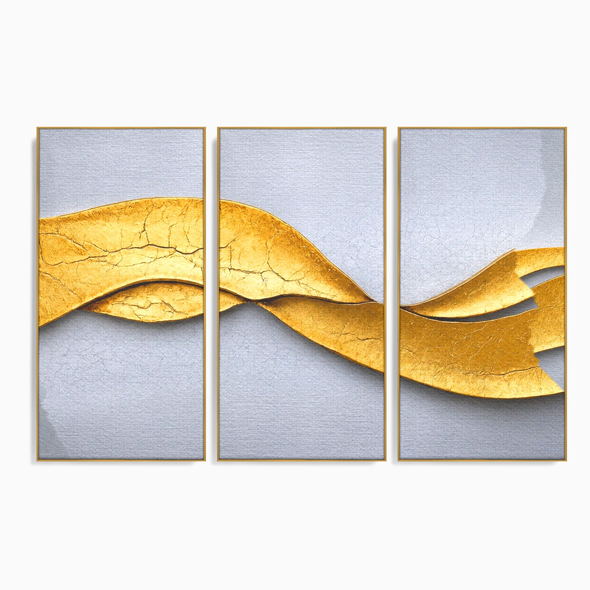 Set 3 Tablouri Canvas Premium LuxCanva® C3-1349, Curbe Aurii Abstracte, Abstract, Modern, Auriu, Textura, Birou, Culori Vibrante