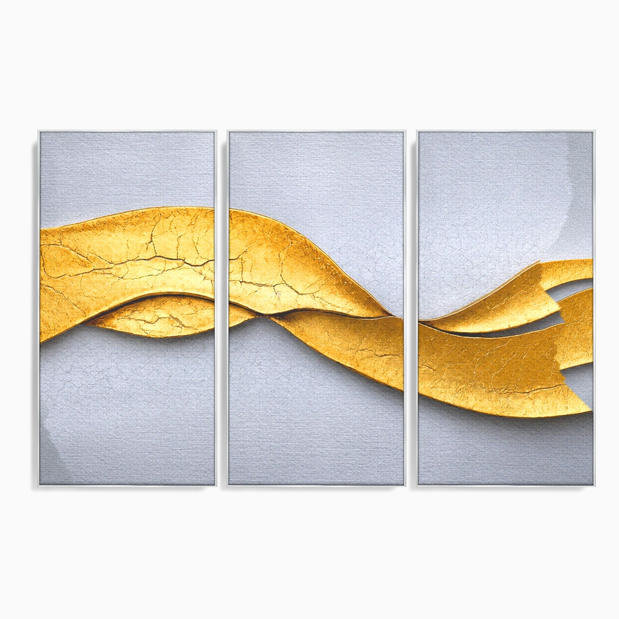 Set 3 Tablouri Canvas Premium LuxCanva® C3-1349, Curbe Aurii Abstracte, Abstract, Modern, Auriu, Textura, Birou, Culori Vibrante