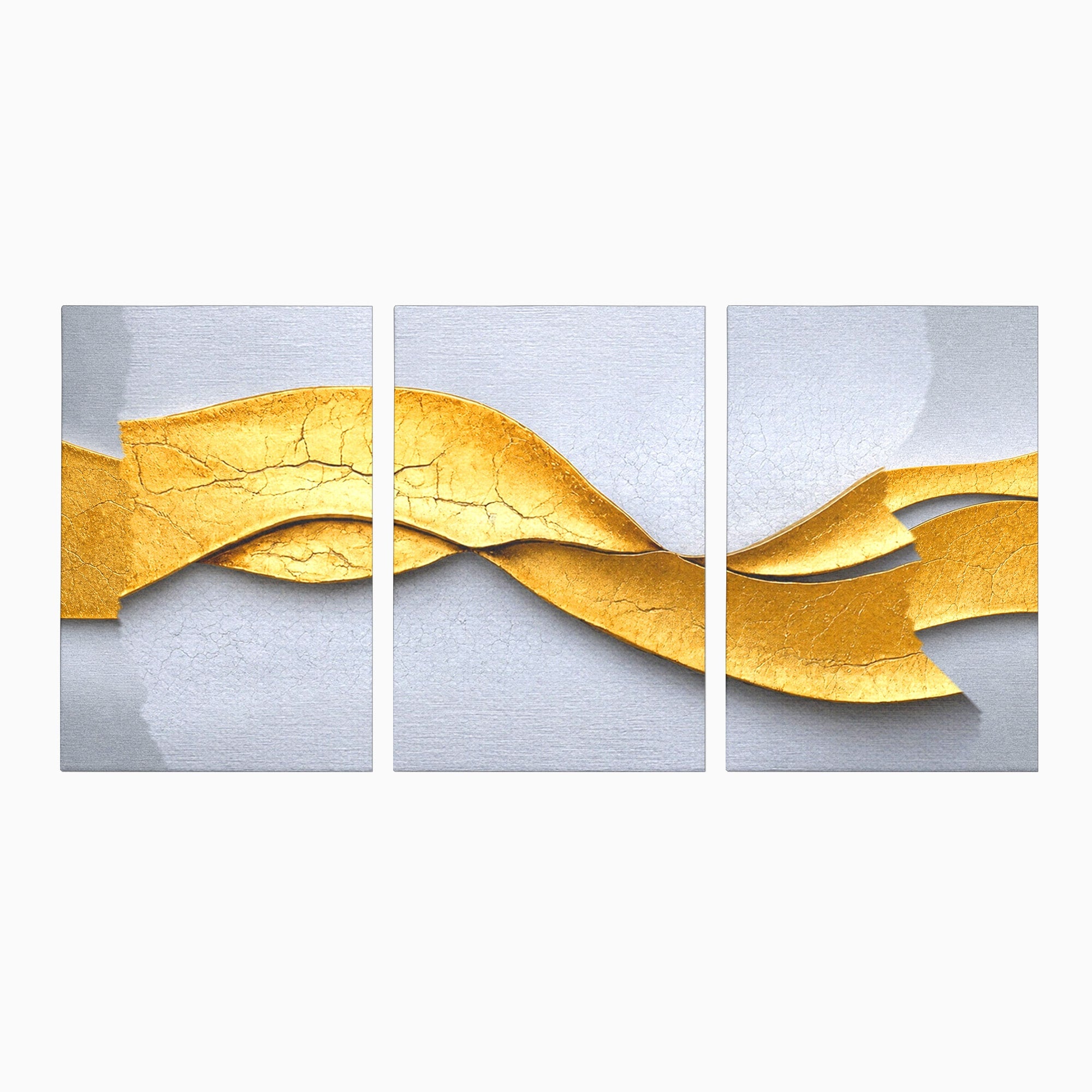 Set 3 Tablouri Canvas Premium LuxCanva® C3-1349, Curbe Aurii Abstracte, Abstract, Modern, Auriu, Textura, Birou, Culori Vibrante