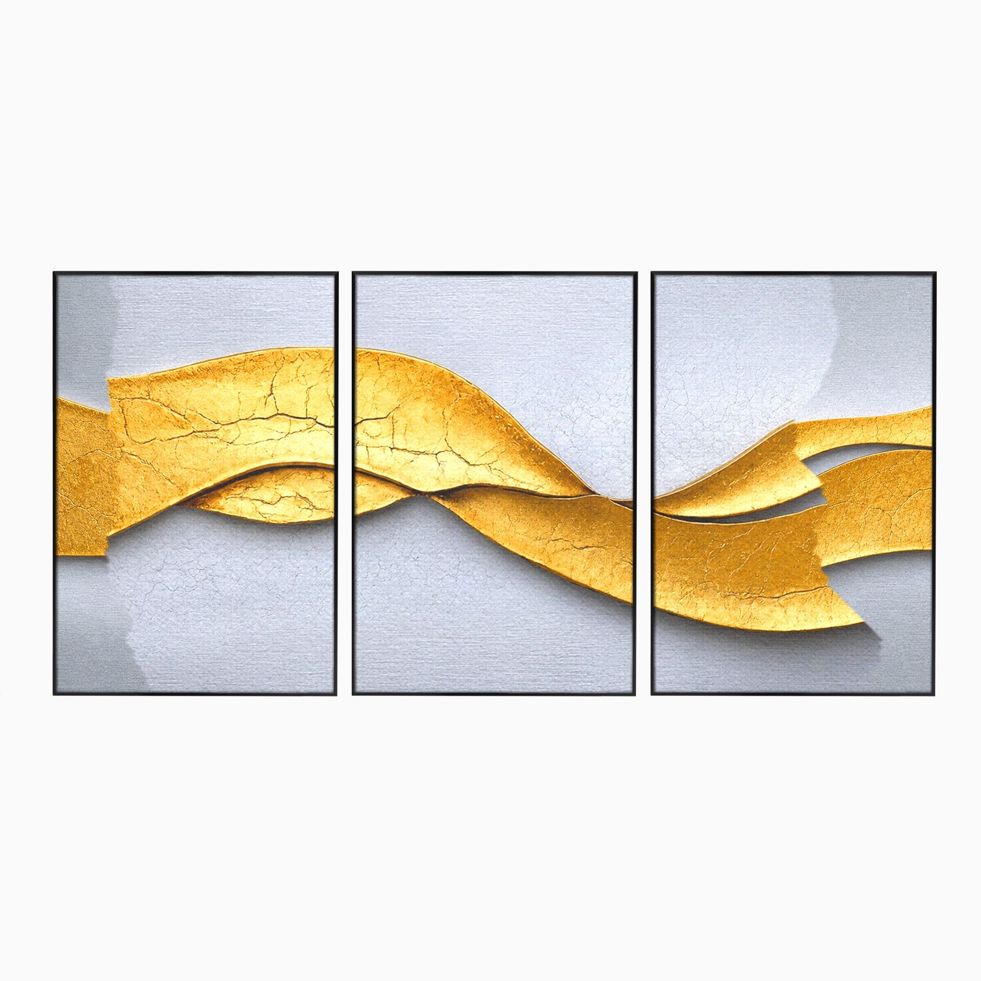 Set 3 Tablouri Canvas Premium LuxCanva® C3-1349, Curbe Aurii Abstracte, Abstract, Modern, Auriu, Textura, Birou, Culori Vibrante