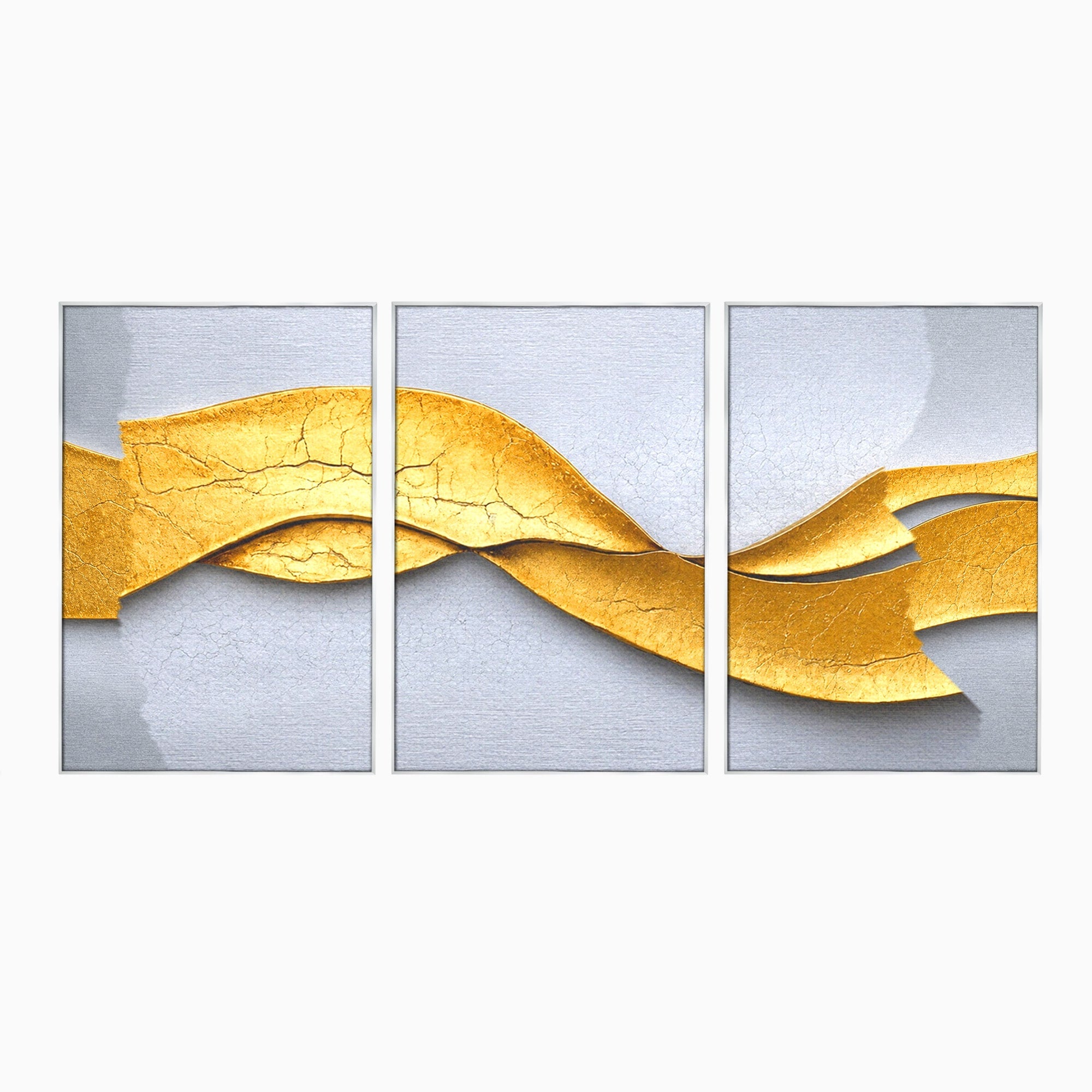 Set 3 Tablouri Canvas Premium LuxCanva® C3-1349, Curbe Aurii Abstracte, Abstract, Modern, Auriu, Textura, Birou, Culori Vibrante