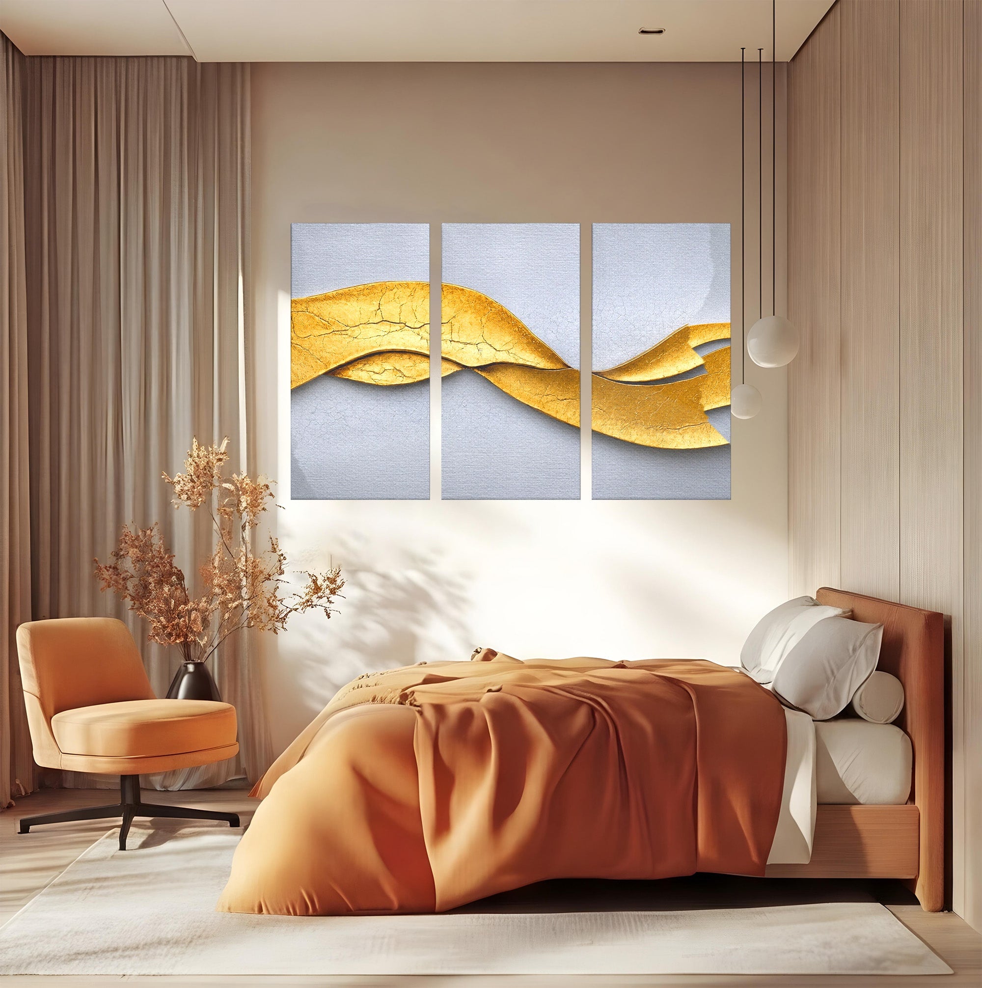Set 3 Tablouri Canvas Premium LuxCanva® C3-1349, Curbe Aurii Abstracte, Abstract, Modern, Auriu, Textura, Birou, Culori Vibrante