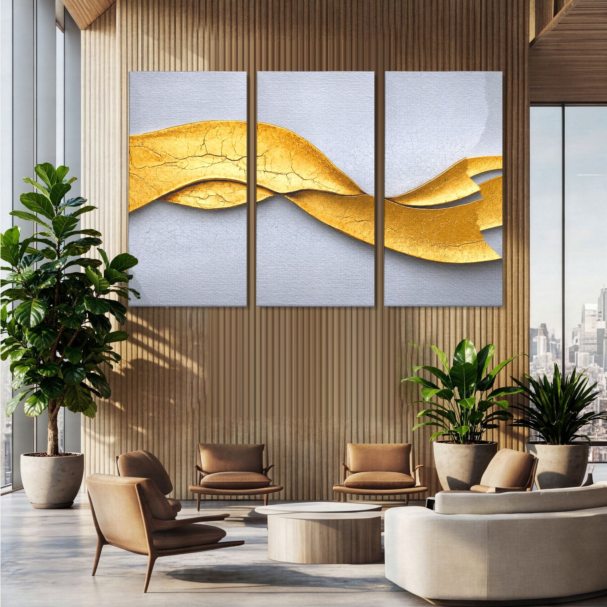 Set 3 Tablouri Canvas Premium LuxCanva® C3-1349, Curbe Aurii Abstracte, Abstract, Modern, Auriu, Textura, Birou, Culori Vibrante