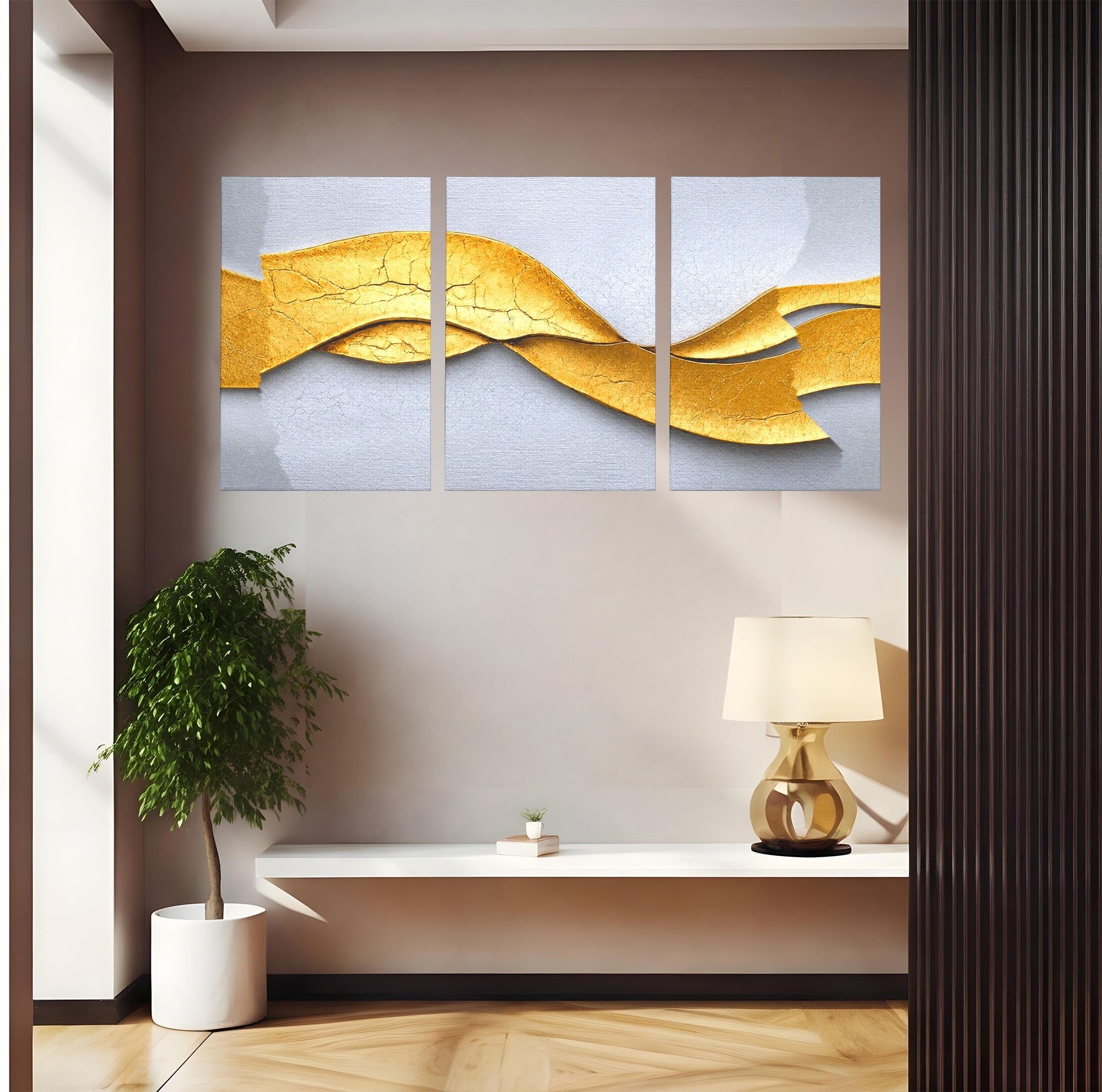 Set 3 Tablouri Canvas Premium LuxCanva® C3-1349, Curbe Aurii Abstracte, Abstract, Modern, Auriu, Textura, Birou, Culori Vibrante