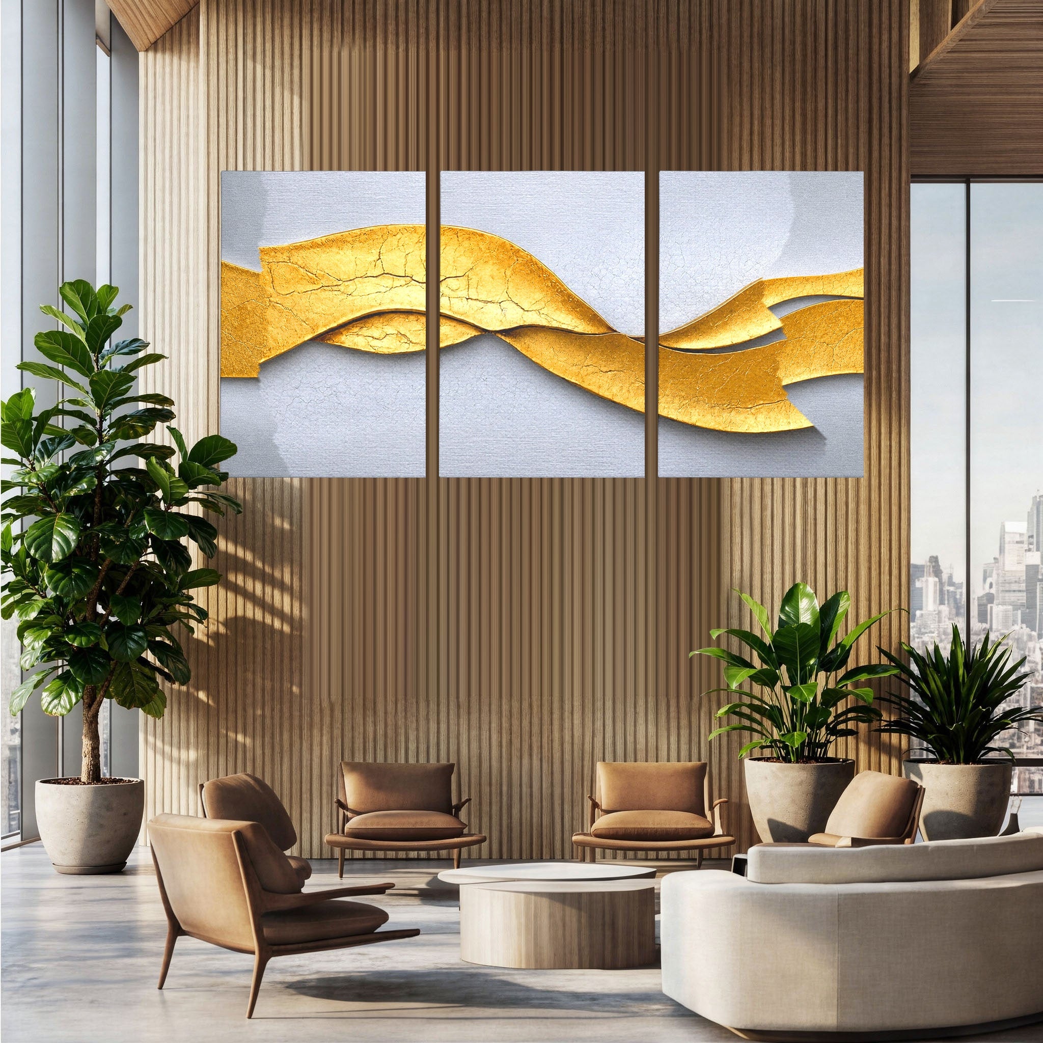 Set 3 Tablouri Canvas Premium LuxCanva® C3-1349, Curbe Aurii Abstracte, Abstract, Modern, Auriu, Textura, Birou, Culori Vibrante