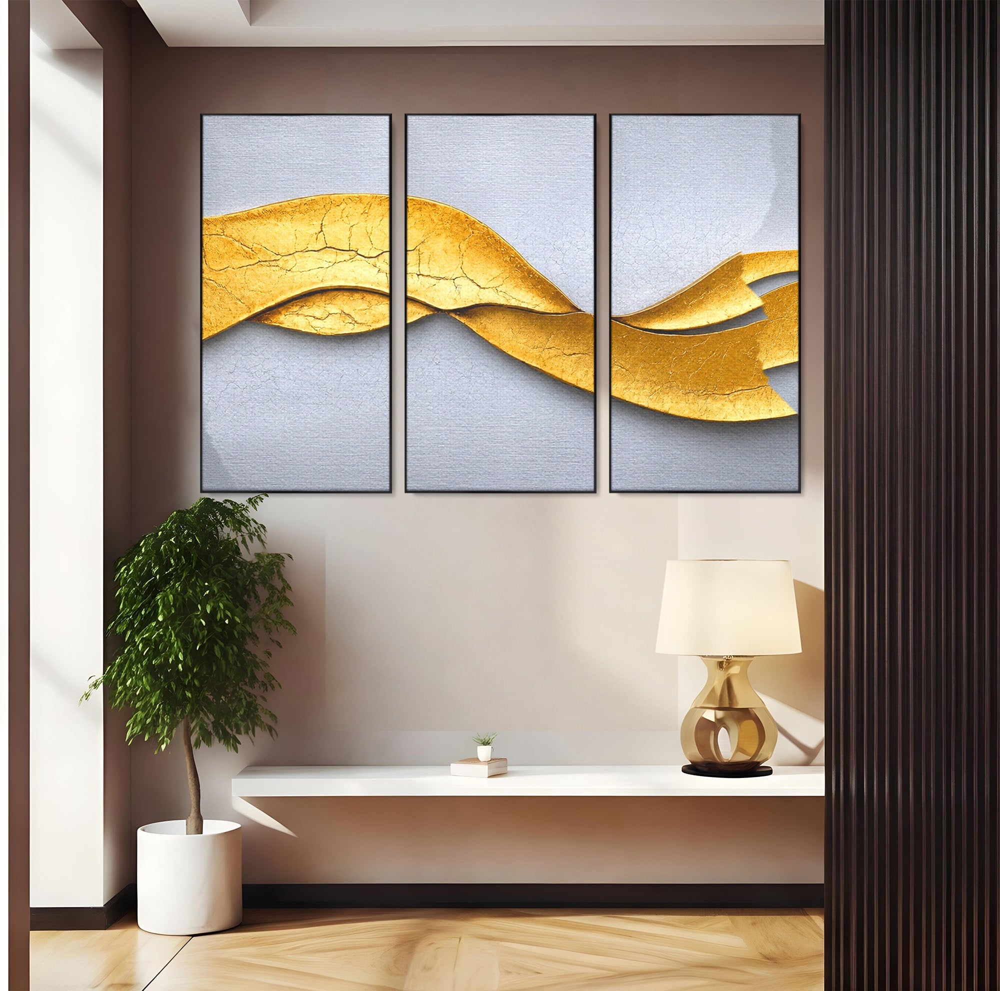 Set 3 Tablouri Canvas Premium LuxCanva® C3-1349, Curbe Aurii Abstracte, Abstract, Modern, Auriu, Textura, Birou, Culori Vibrante