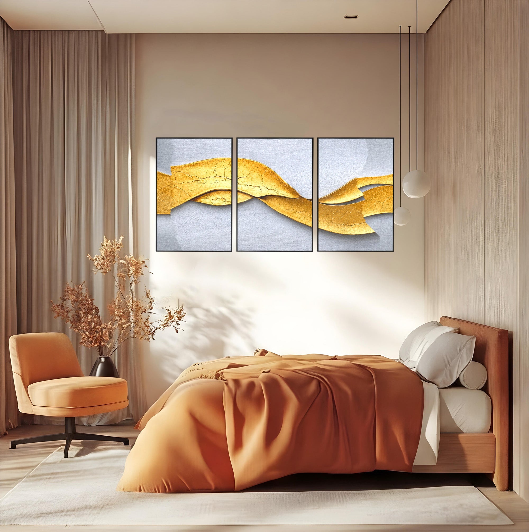 Set 3 Tablouri Canvas Premium LuxCanva® C3-1349, Curbe Aurii Abstracte, Abstract, Modern, Auriu, Textura, Birou, Culori Vibrante
