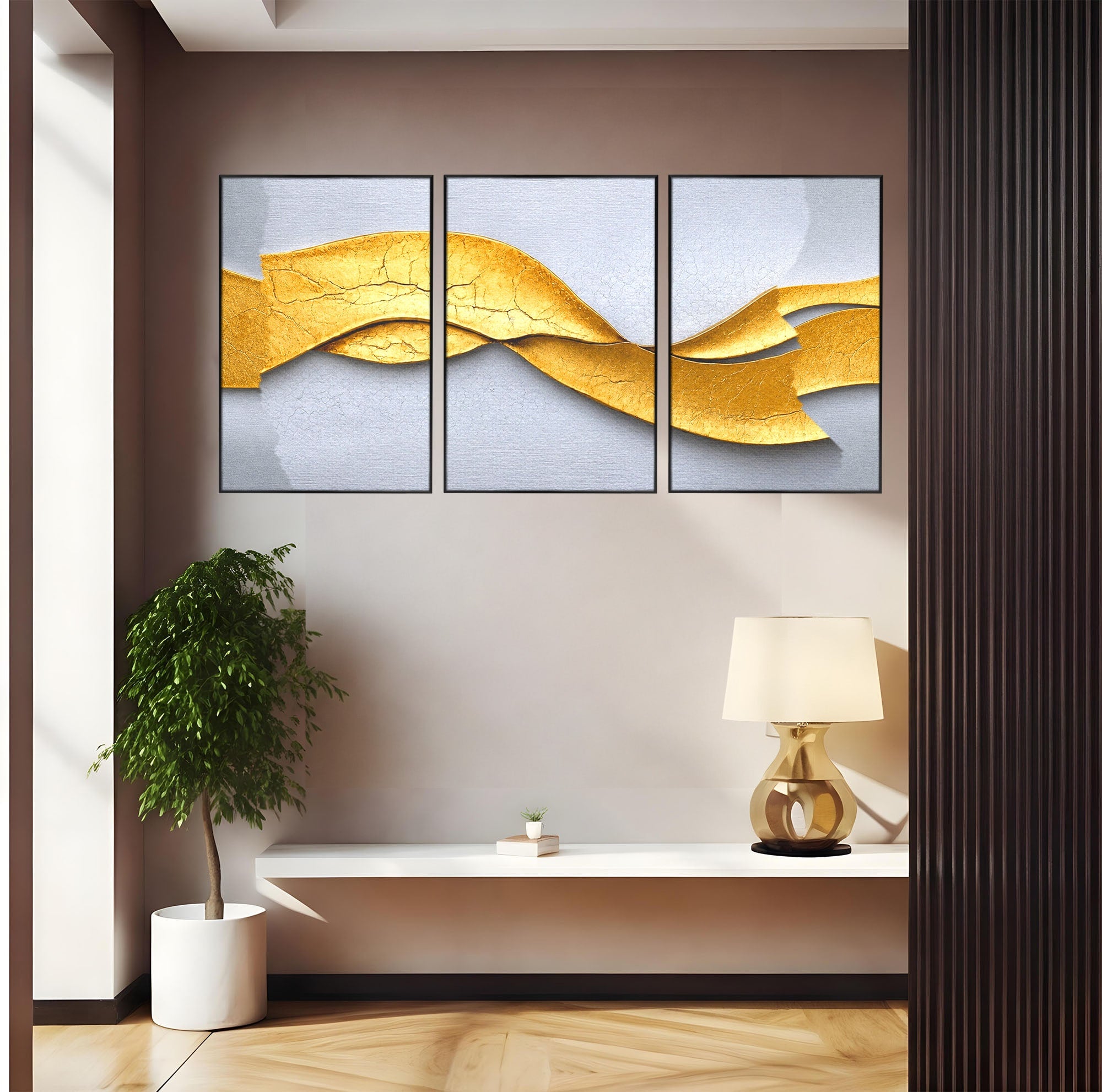 Set 3 Tablouri Canvas Premium LuxCanva® C3-1349, Curbe Aurii Abstracte, Abstract, Modern, Auriu, Textura, Birou, Culori Vibrante