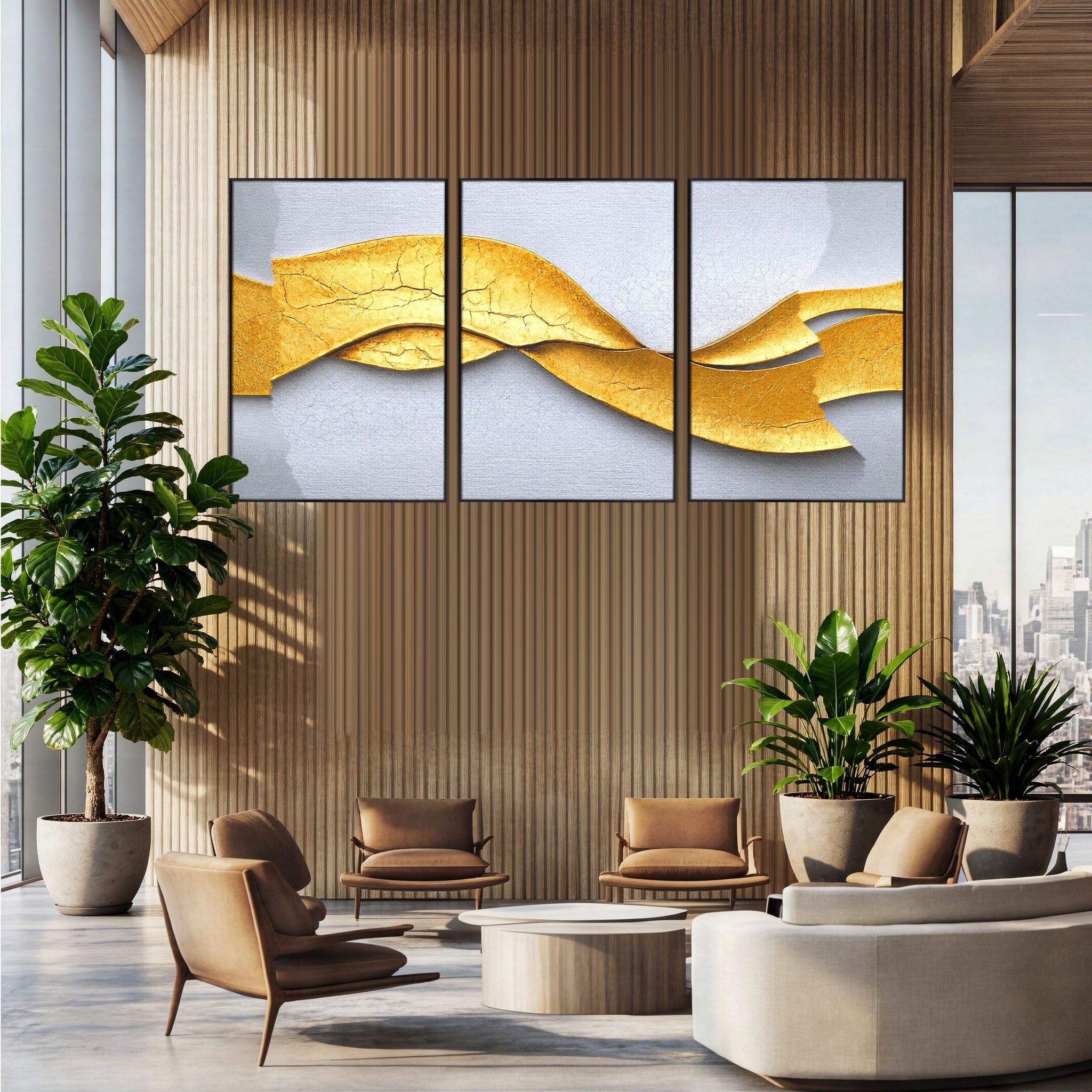 Set 3 Tablouri Canvas Premium LuxCanva® C3-1349, Curbe Aurii Abstracte, Abstract, Modern, Auriu, Textura, Birou, Culori Vibrante