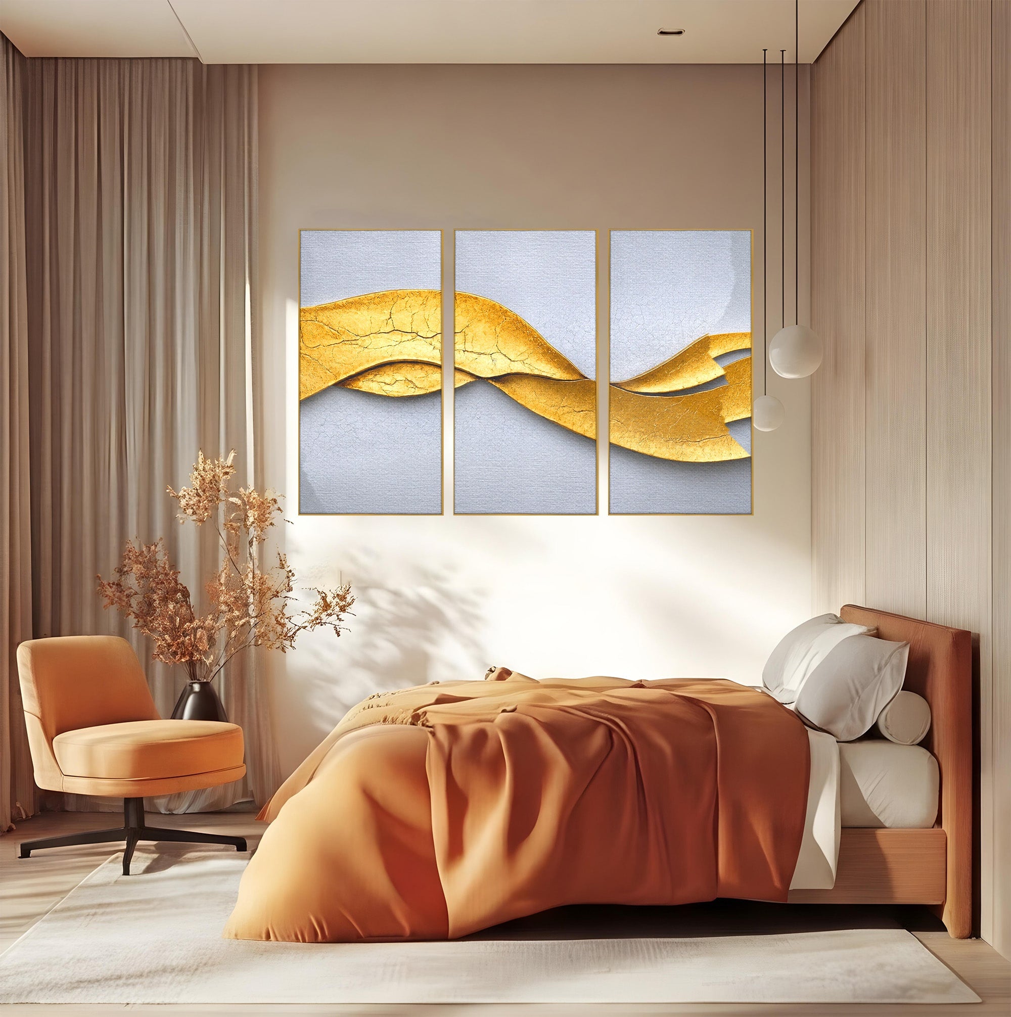 Set 3 Tablouri Canvas Premium LuxCanva® C3-1349, Curbe Aurii Abstracte, Abstract, Modern, Auriu, Textura, Birou, Culori Vibrante