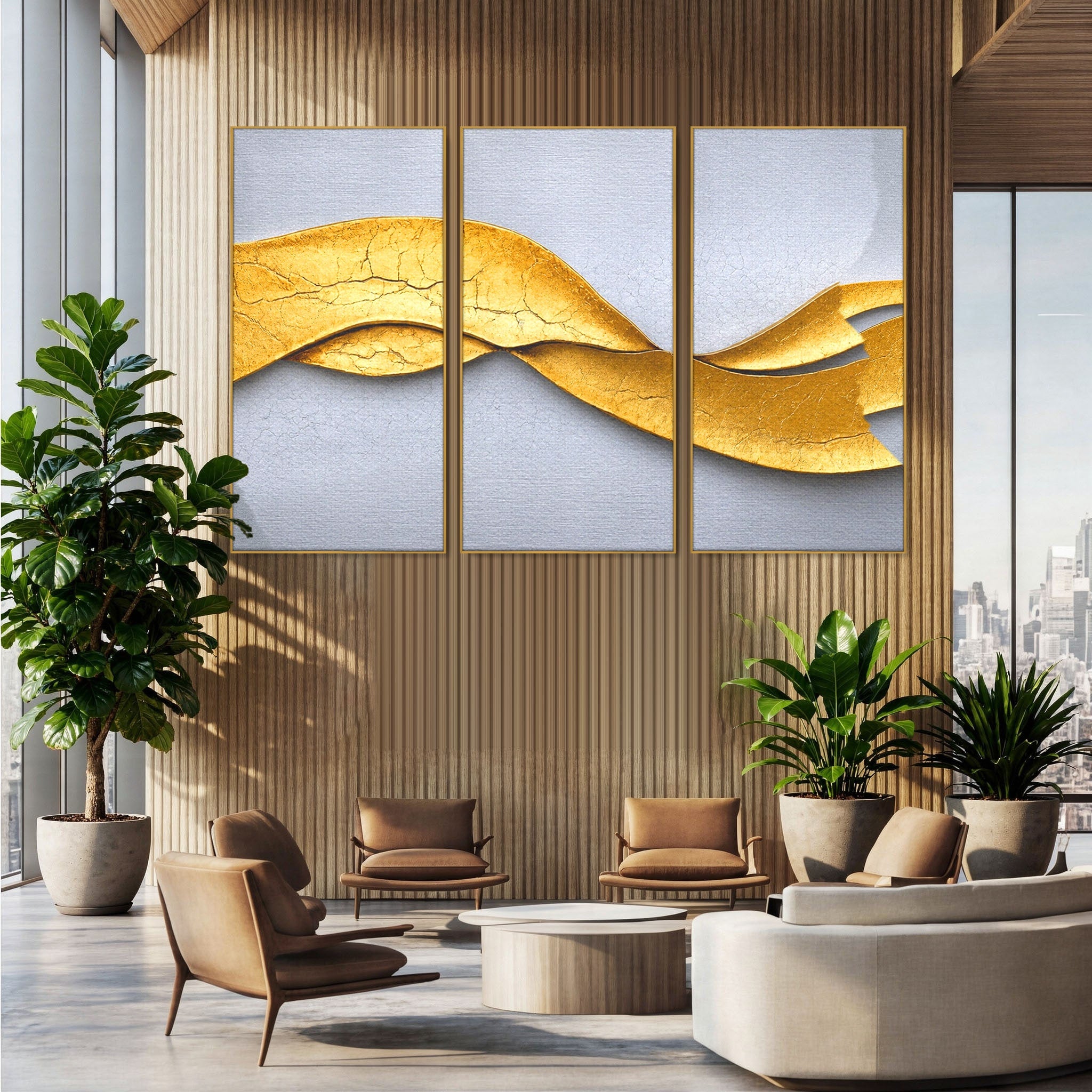 Set 3 Tablouri Canvas Premium LuxCanva® C3-1349, Curbe Aurii Abstracte, Abstract, Modern, Auriu, Textura, Birou, Culori Vibrante