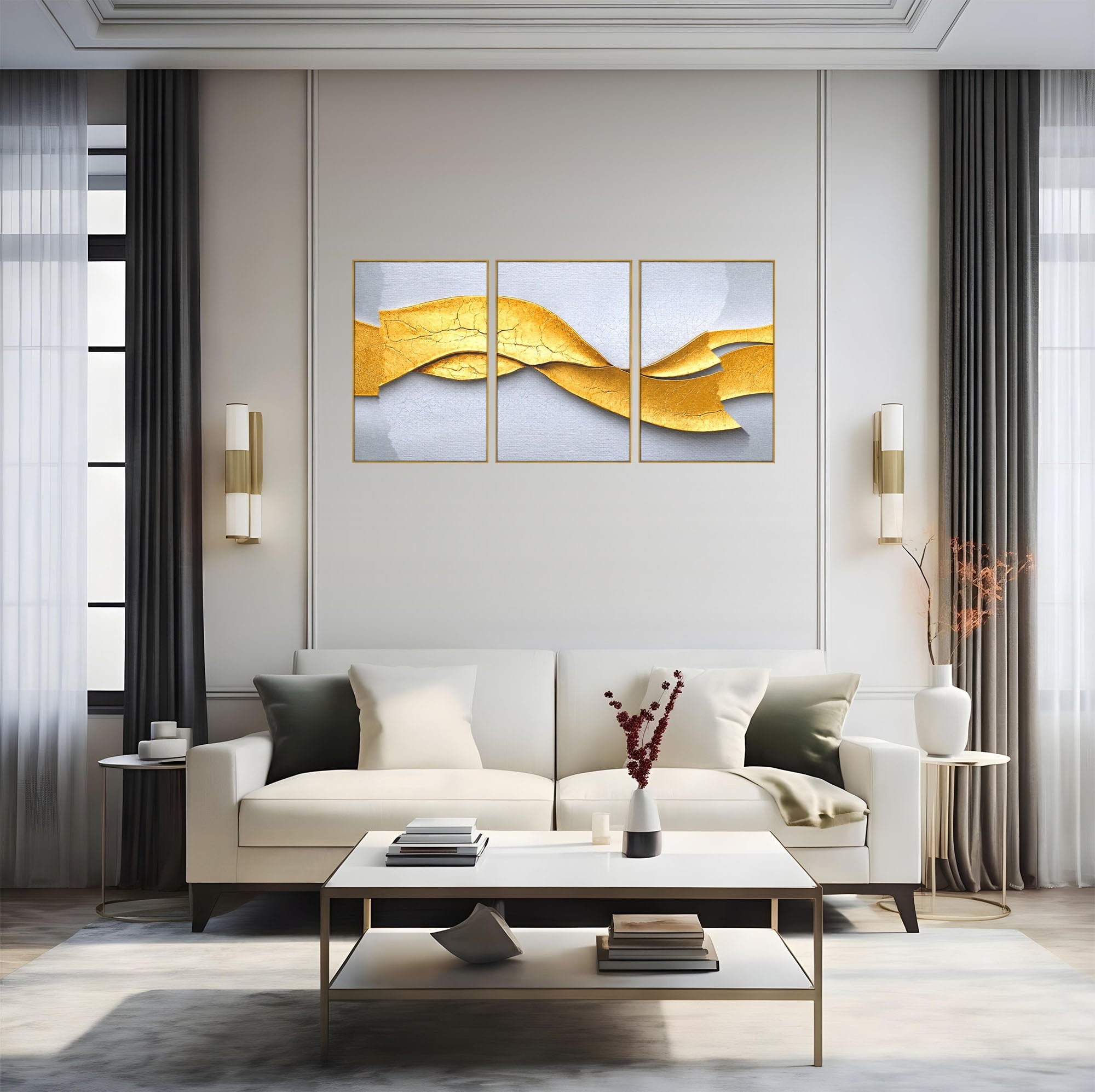 Set 3 Tablouri Canvas Premium LuxCanva® C3-1349, Curbe Aurii Abstracte, Abstract, Modern, Auriu, Textura, Birou, Culori Vibrante