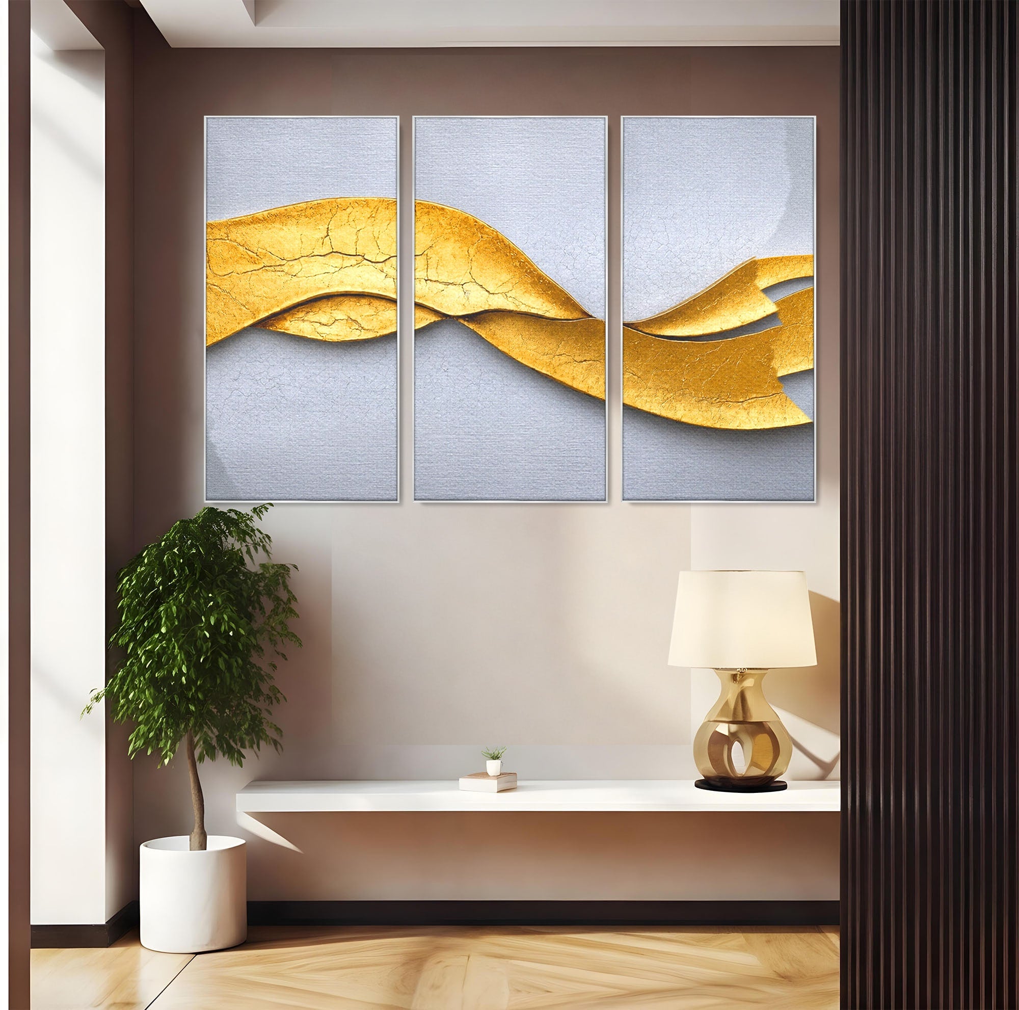 Set 3 Tablouri Canvas Premium LuxCanva® C3-1349, Curbe Aurii Abstracte, Abstract, Modern, Auriu, Textura, Birou, Culori Vibrante