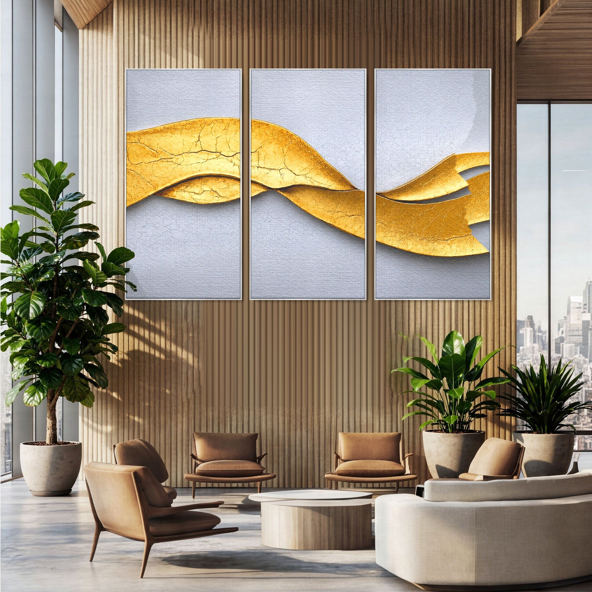 Set 3 Tablouri Canvas Premium LuxCanva® C3-1349, Curbe Aurii Abstracte, Abstract, Modern, Auriu, Textura, Birou, Culori Vibrante