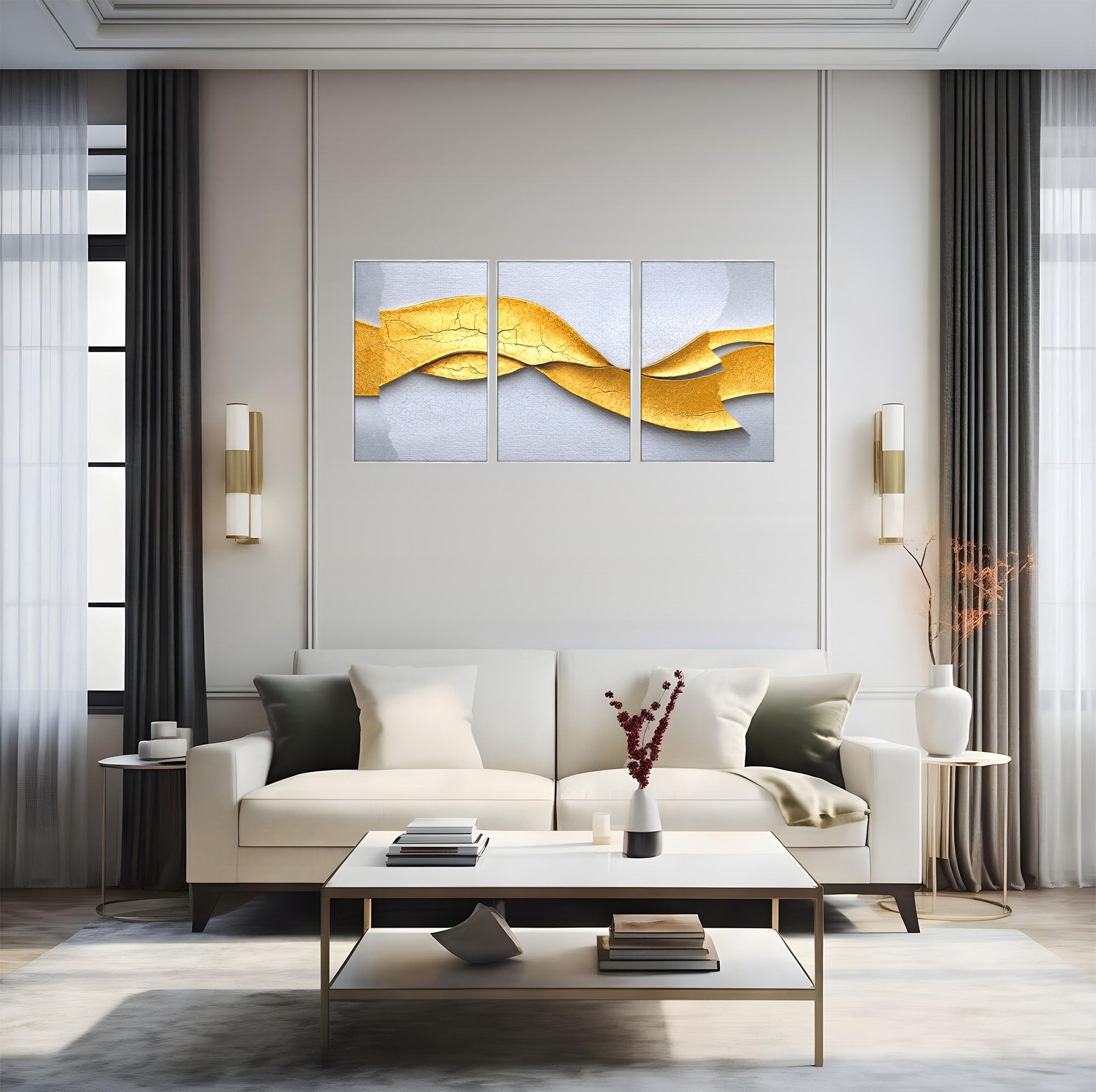 Set 3 Tablouri Canvas Premium LuxCanva® C3-1349, Curbe Aurii Abstracte, Abstract, Modern, Auriu, Textura, Birou, Culori Vibrante
