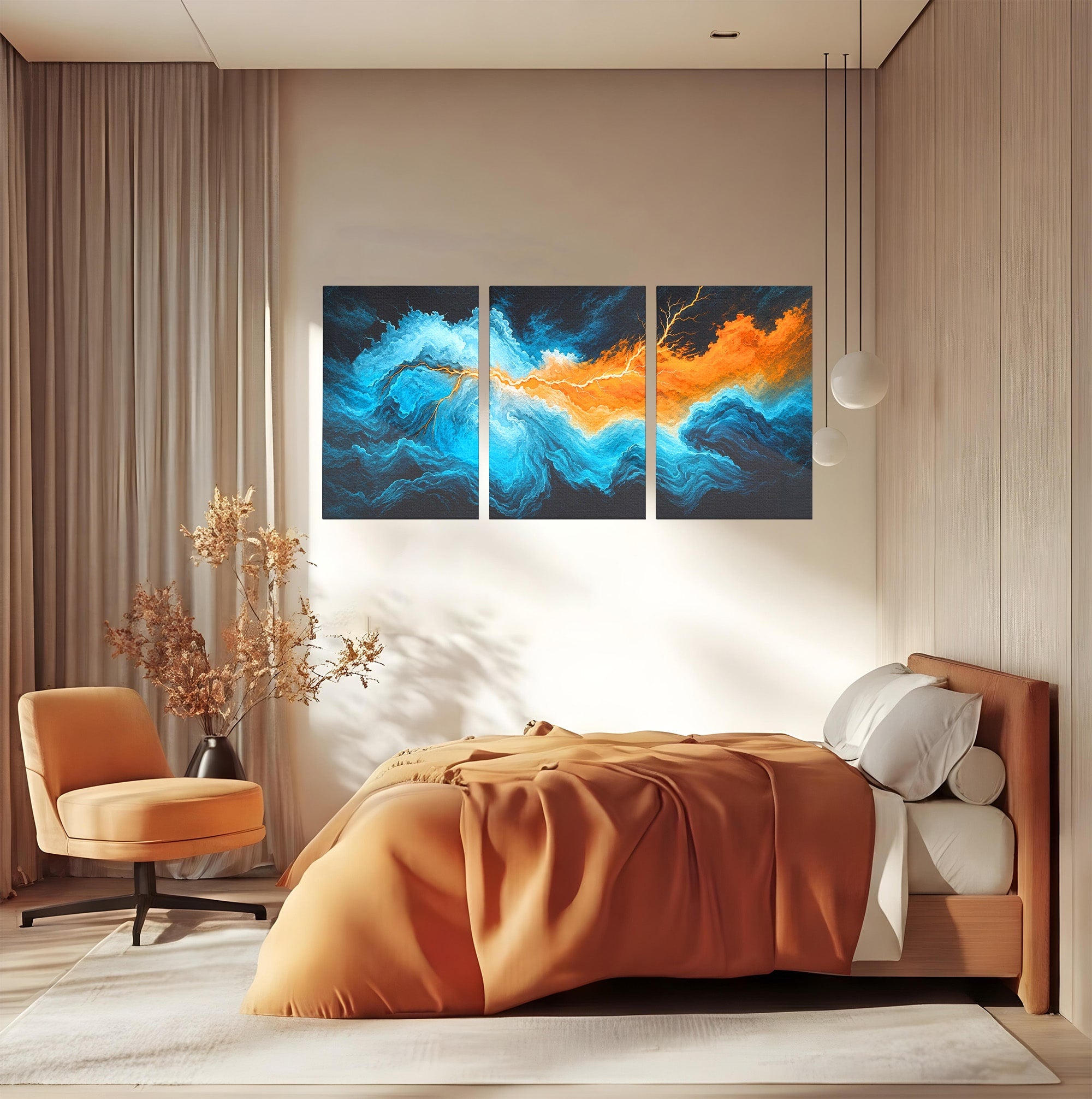 Set 3 Tablouri Canvas Premium LuxCanva® C3-1350, Furtuna Elementelor, Furtuna, Peisaj, Abstract, Living, Dramatic, Culori Vibrante
