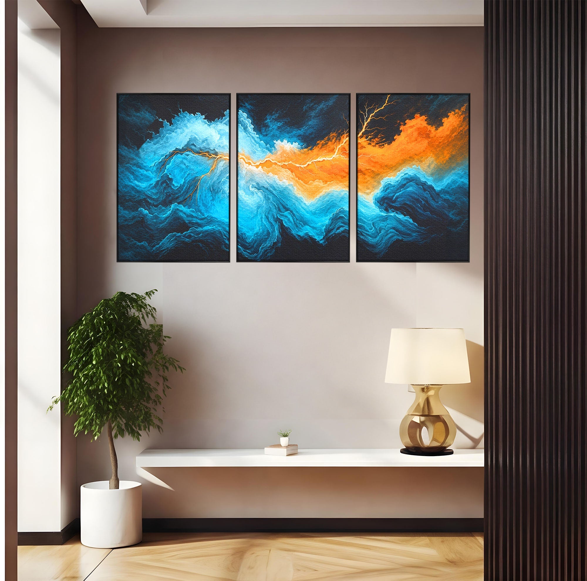 Set 3 Tablouri Canvas Premium LuxCanva® C3-1350, Furtuna Elementelor, Furtuna, Peisaj, Abstract, Living, Dramatic, Culori Vibrante