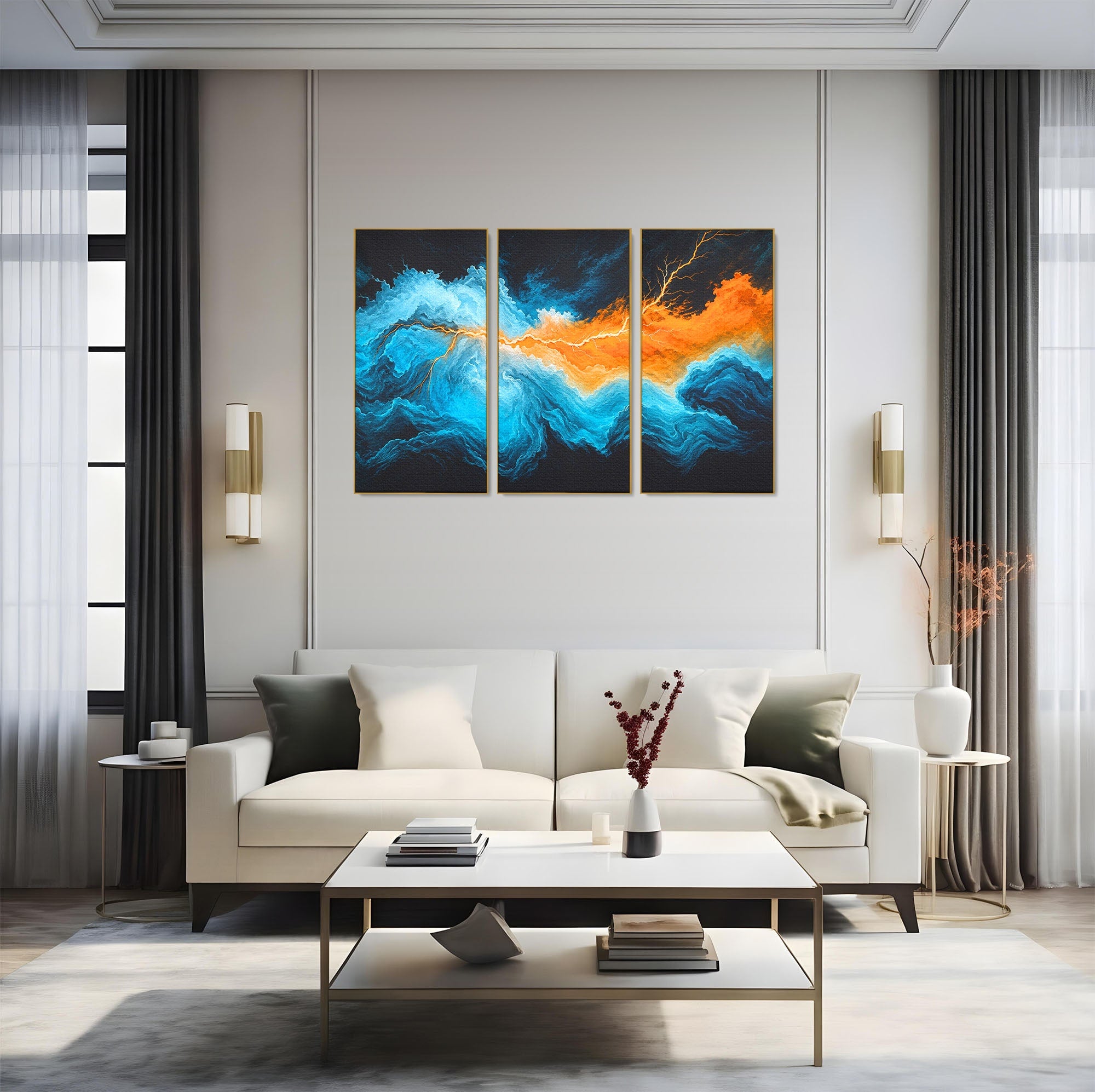 Set 3 Tablouri Canvas Premium LuxCanva® C3-1350, Furtuna Elementelor, Furtuna, Peisaj, Abstract, Living, Dramatic, Culori Vibrante