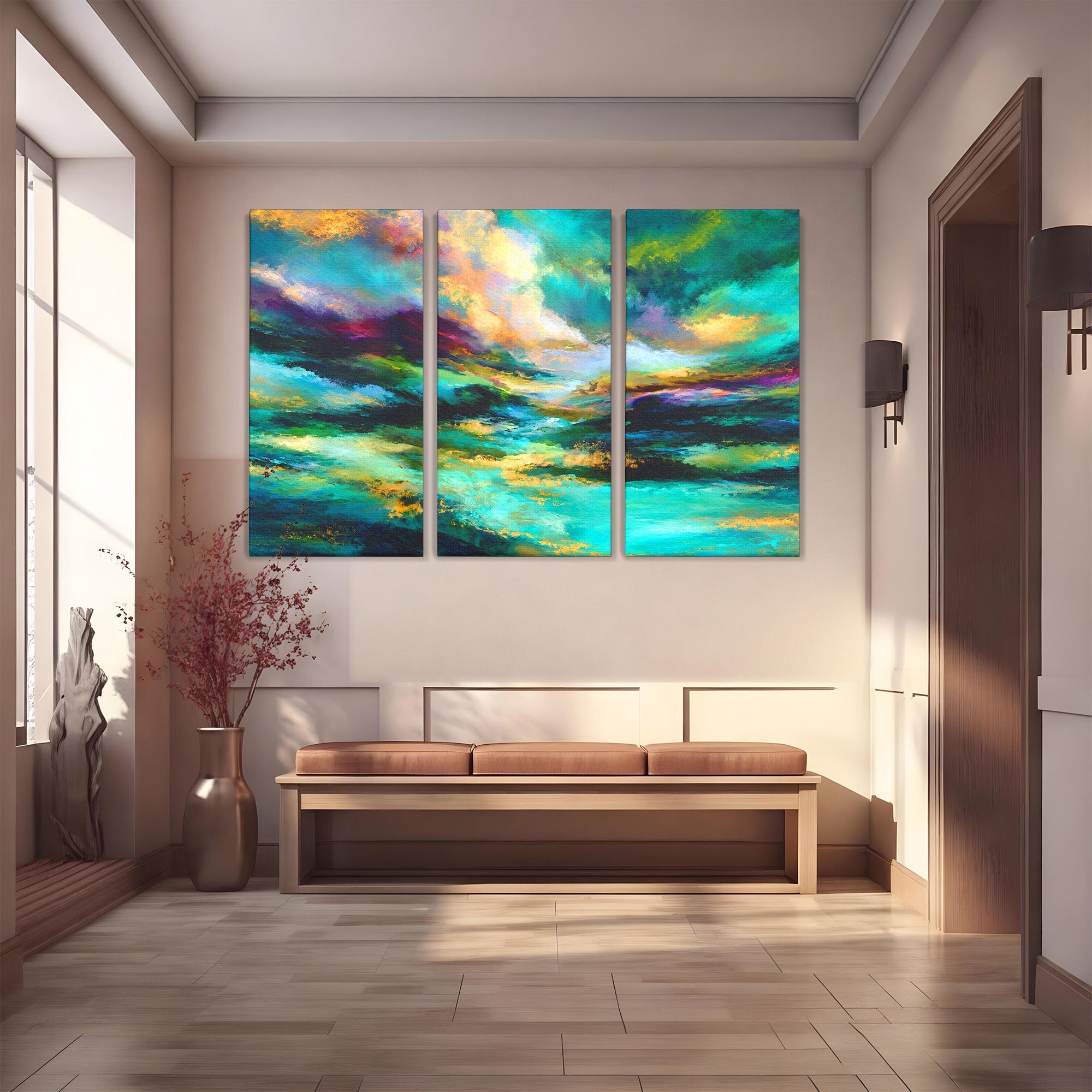 Set 3 Tablouri Canvas Premium LuxCanva® C3-1354, Peisaj Montan Abstract, Peisaj, Abstract, Natura, Montan, Living, Culori Vibrante